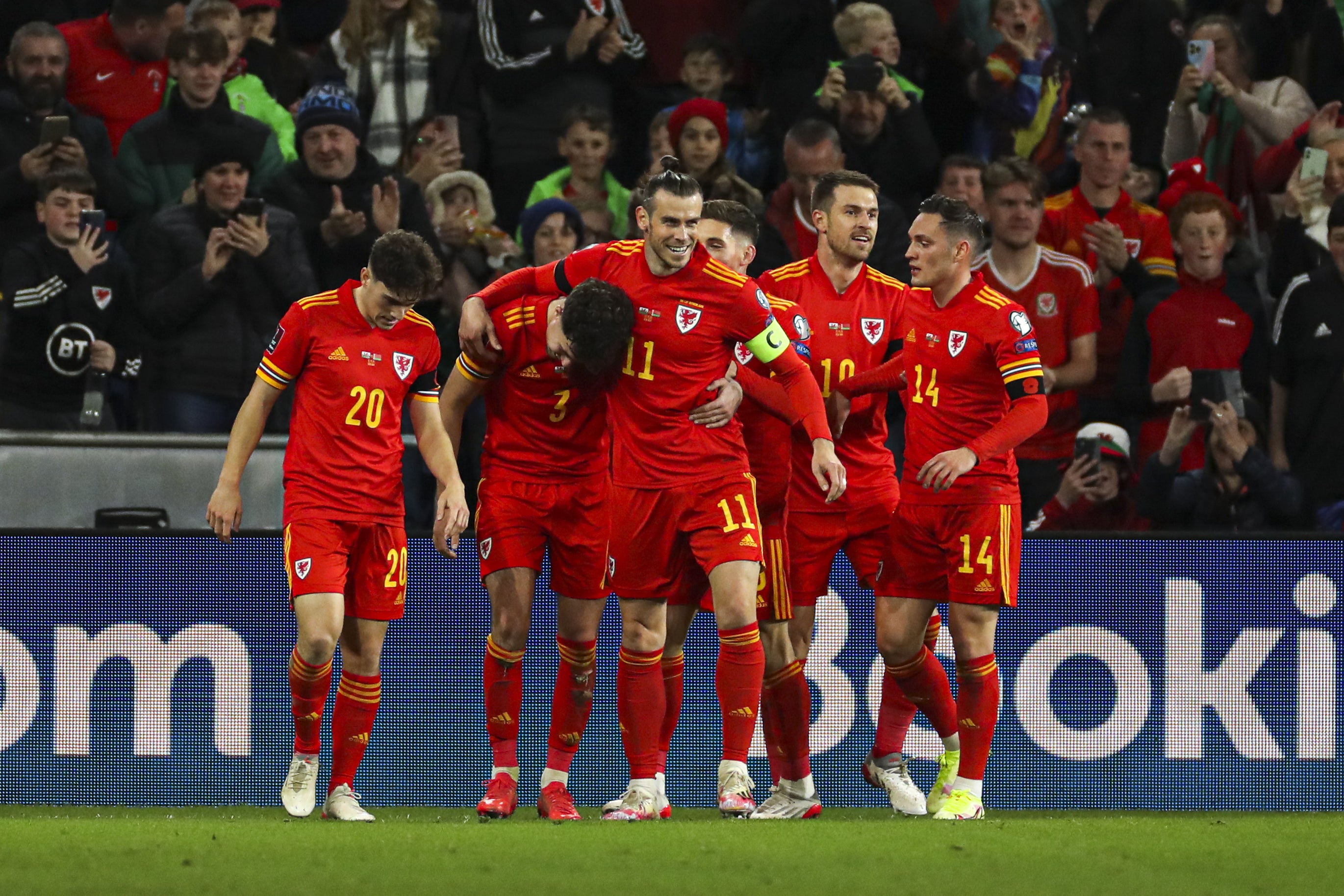 Gareth Bale (centre), winning his 100th cap, celebrates Neco Williams’ (second right) goal in Wales’ 5-1 World Cup qualifying victory over Belarus in Cardiff (Bradley Collyer/PA)