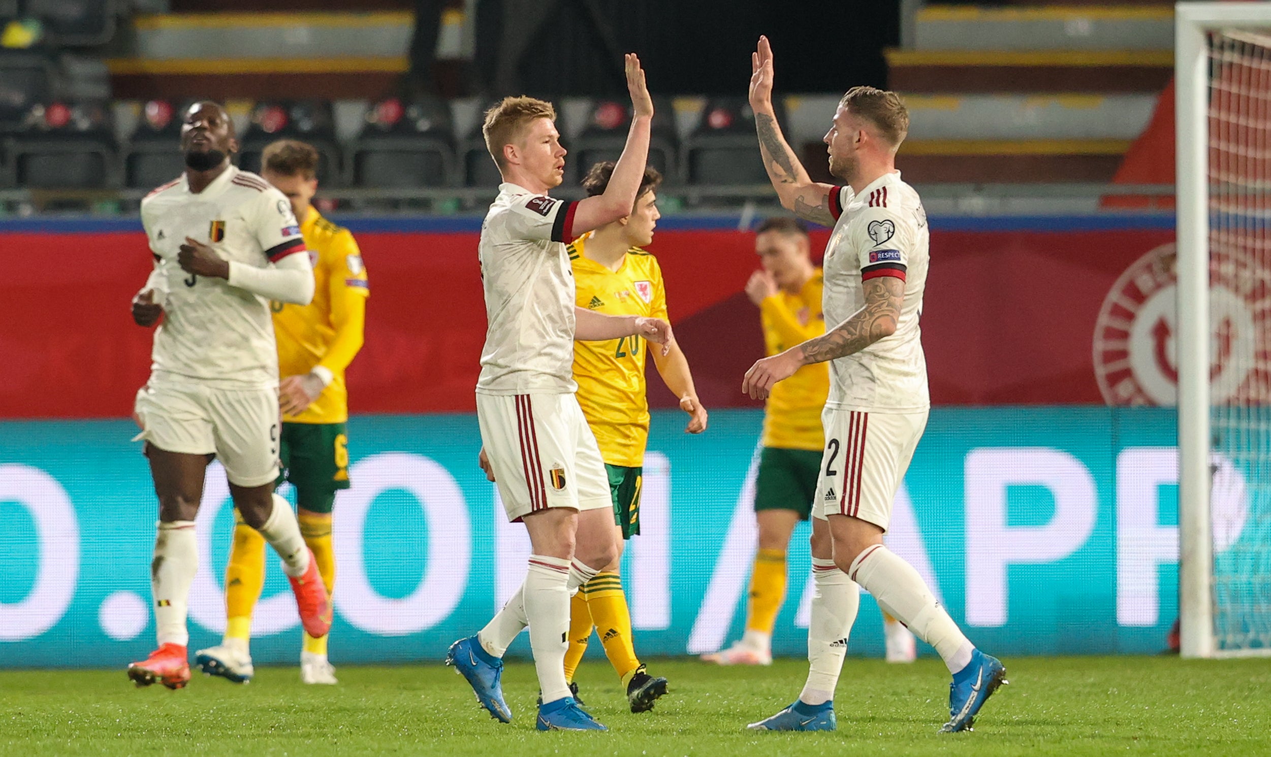 Kevin De Bruyne (left) celebrates scoring during Belgium’s 3-1 World Cup qualifying victory over Wales in March (PA Wire via Belga)