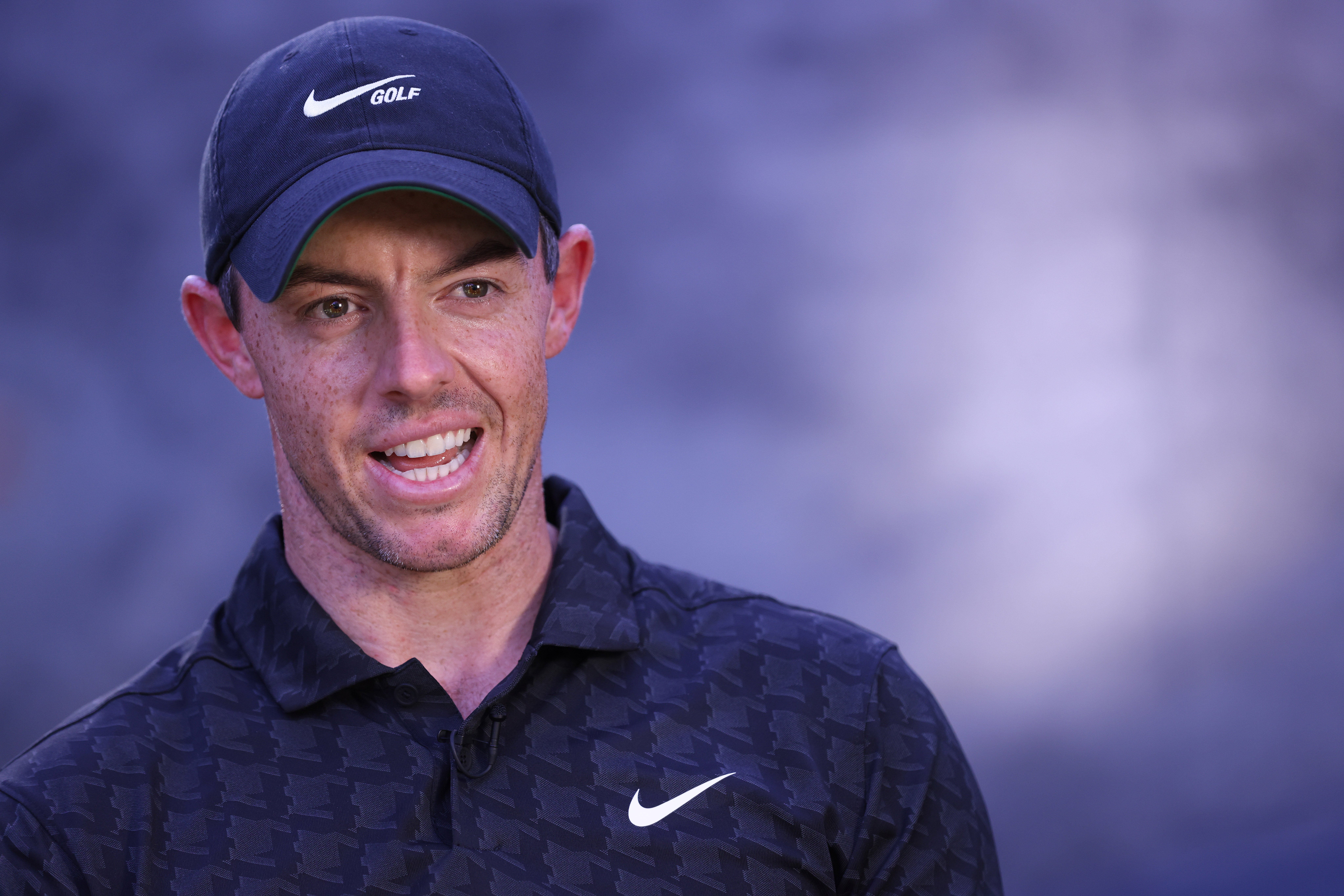 Rory McIlroy speaks at a press conference during the Pro-Am at The DP World Tour Championship