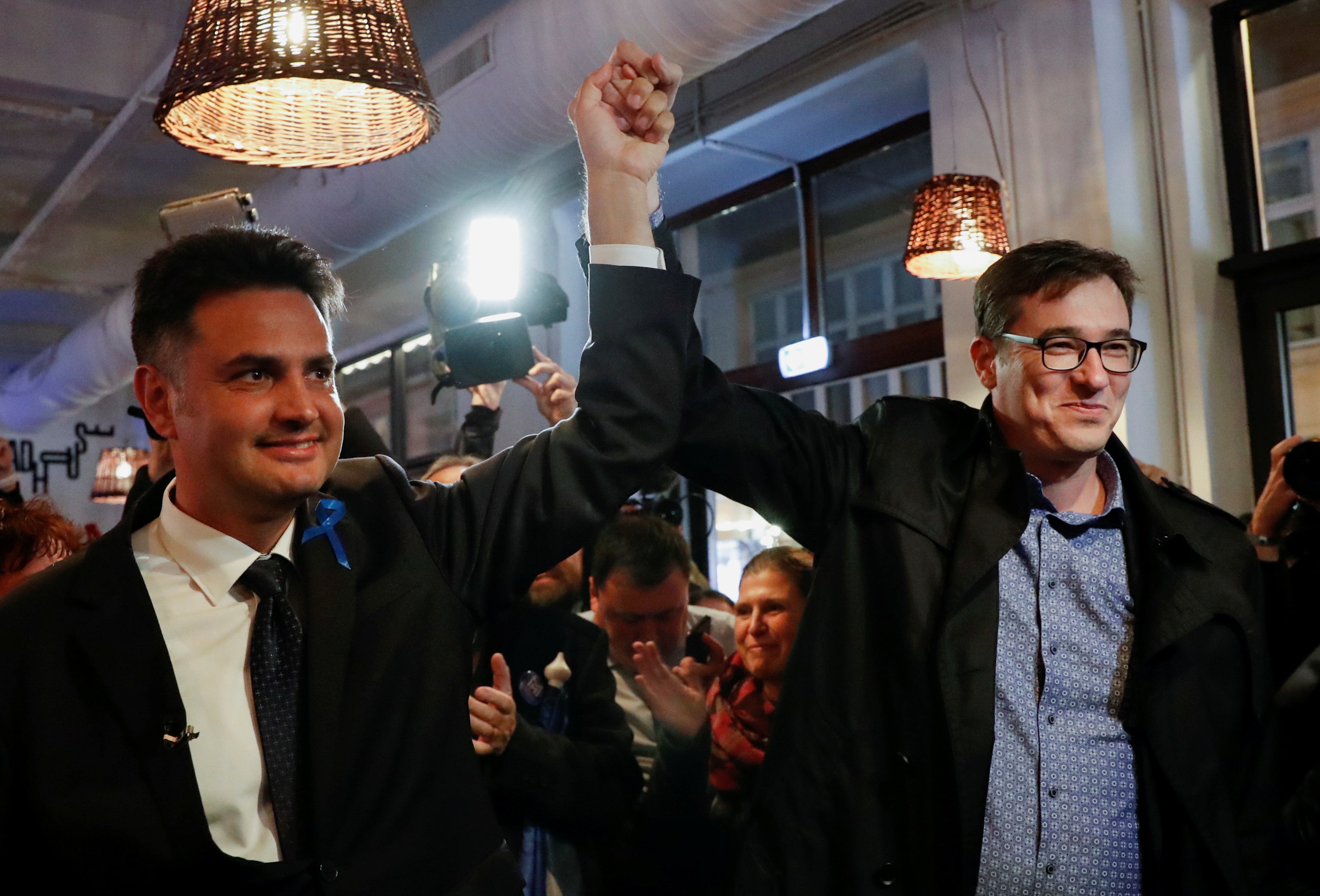 Opposition candidate Peter Marki-Zay (left) with Budapest’s mayor, Gergely Karacsony