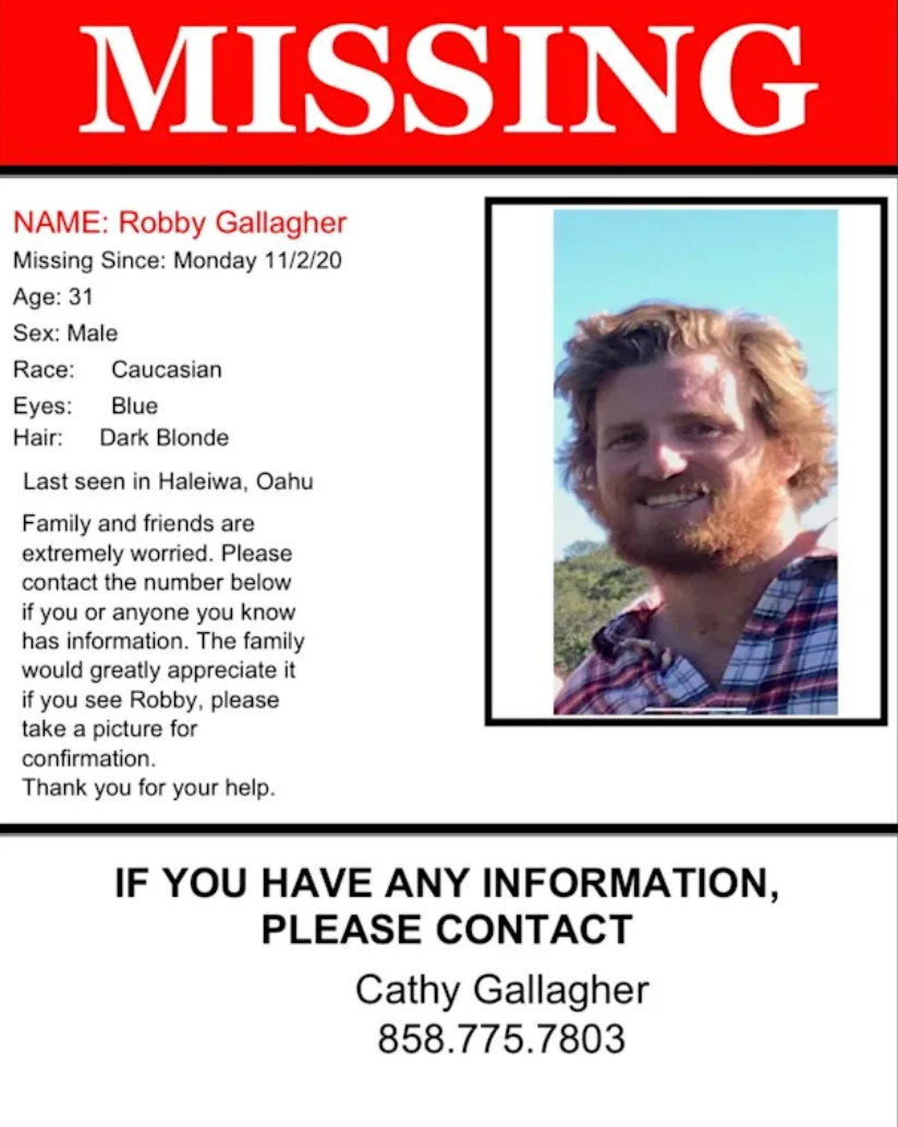 A missing person poster for Robby Gallagher