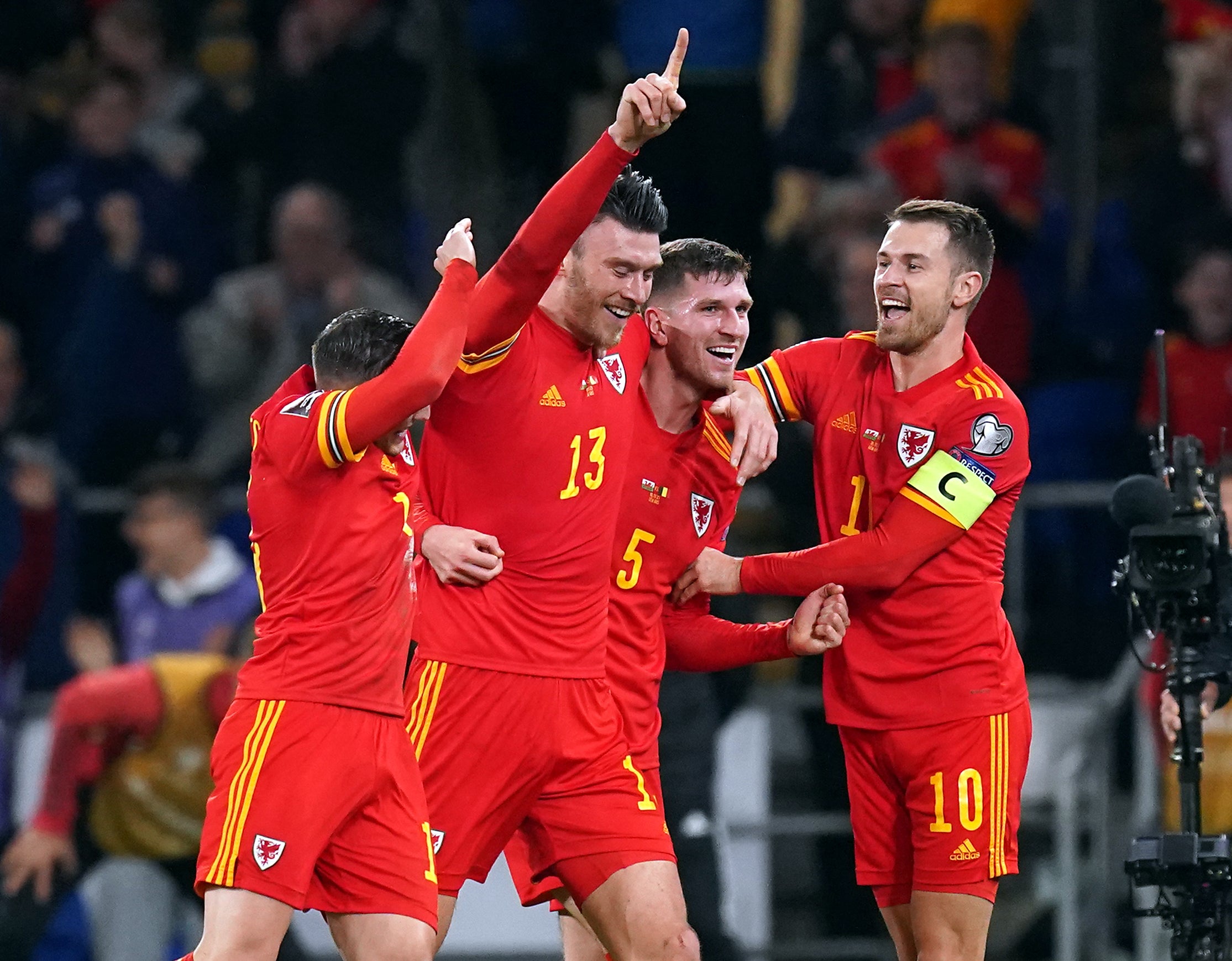 Kieffer Moore celebrates scoring for Wales