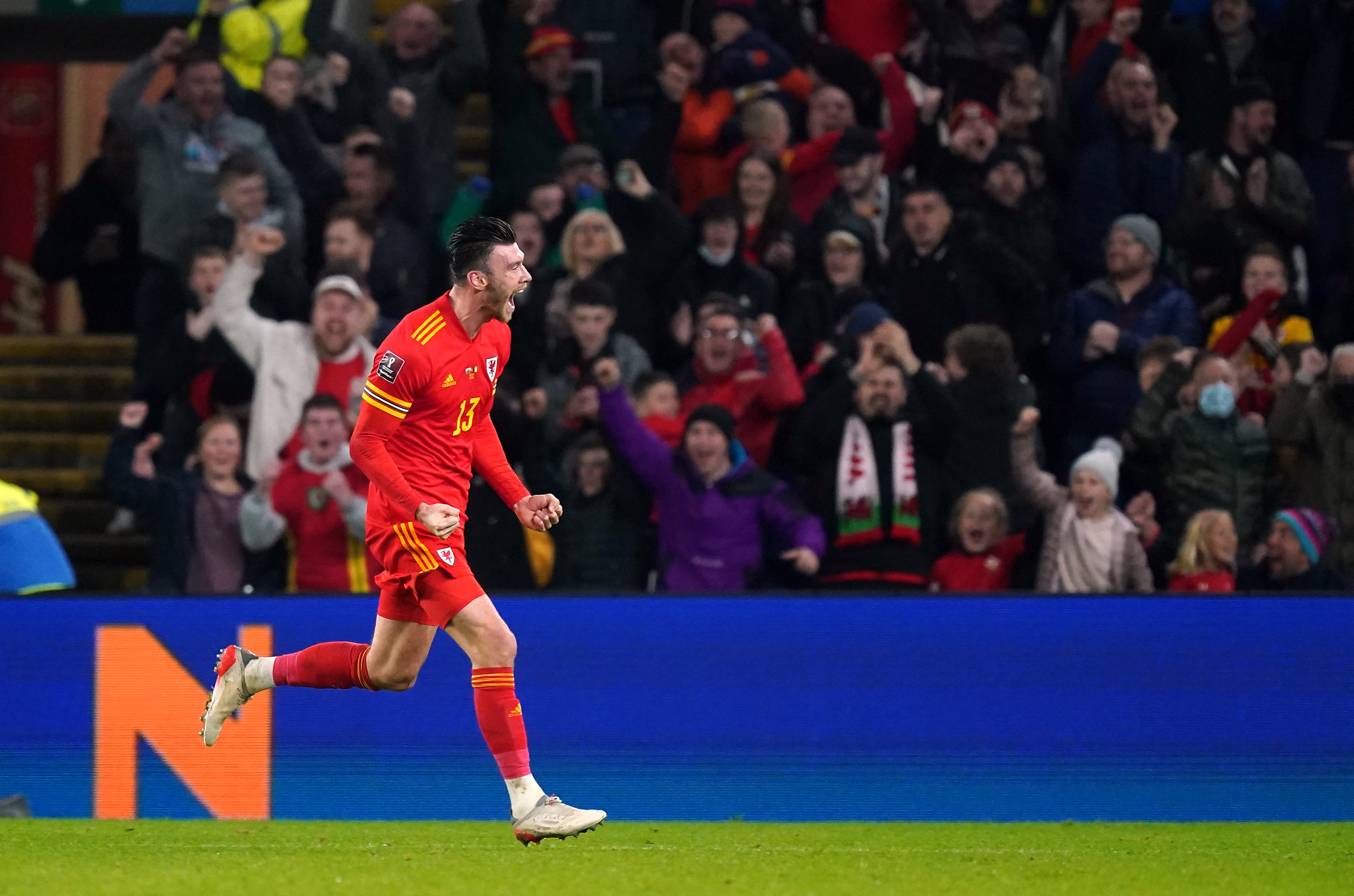 Kieffer Moore celebrates scoring Wales’ equaliser against Belgium (David Davies/PA).