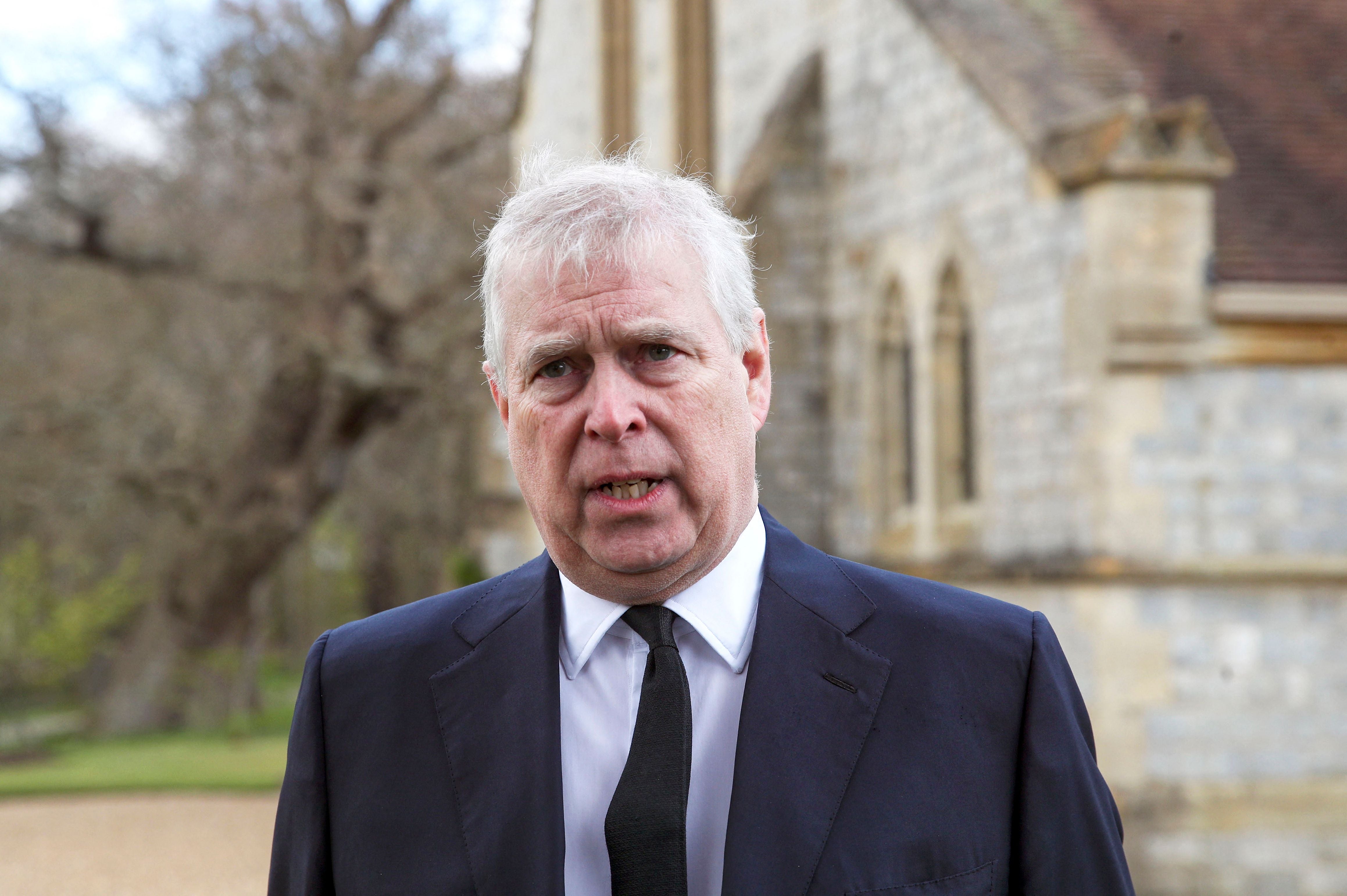 Prince Andrew, Duke of York, outside the Royal Chapel of All Saints in Windsor