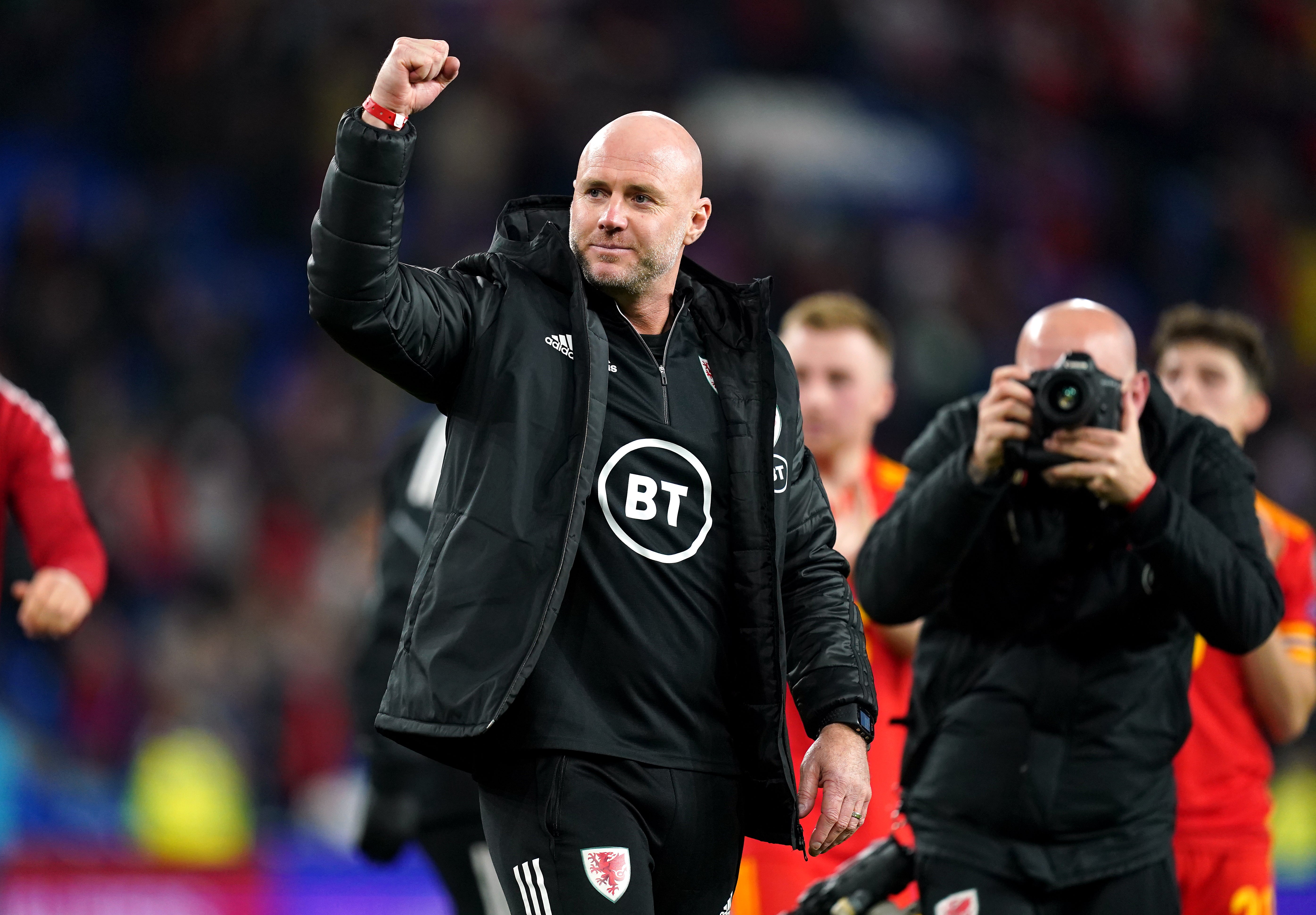 Wales manager Robert Page celebrates after the 1-1 draw against Belgium that secured a home World Cup play-off tie (David Davies/PA)