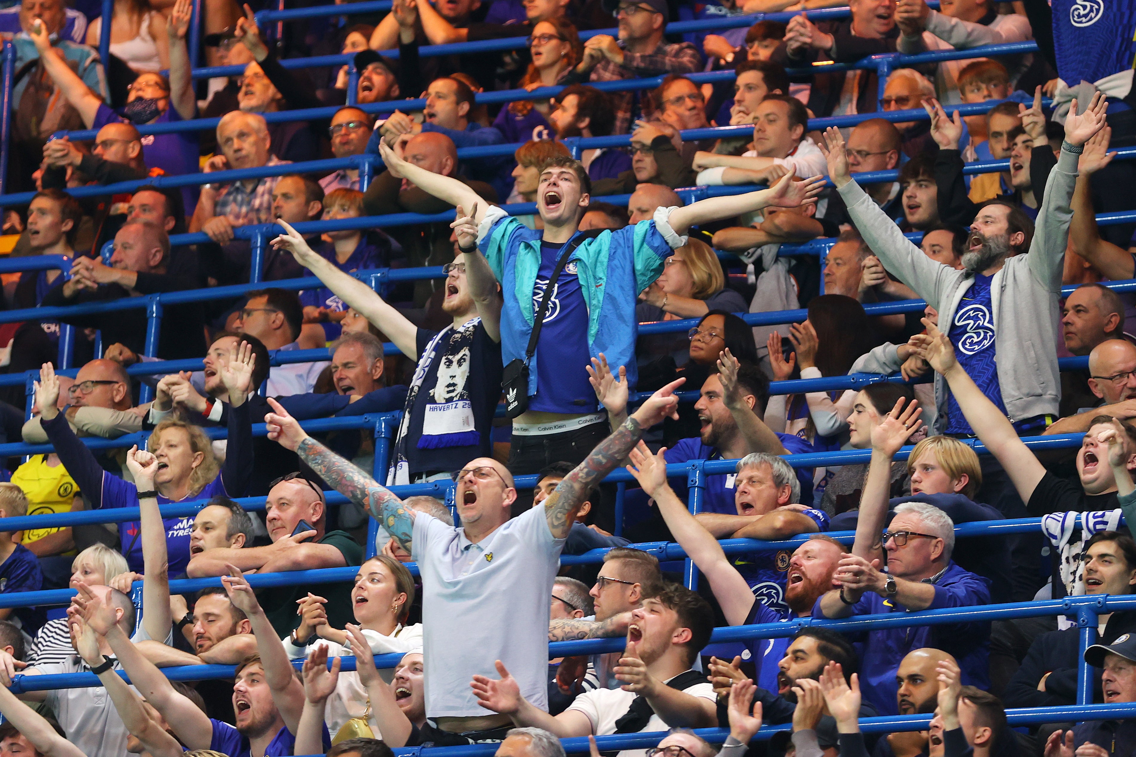 Chelsea fans show their support in the safe standing area during the Carabao Cup match against Aston Villa in September