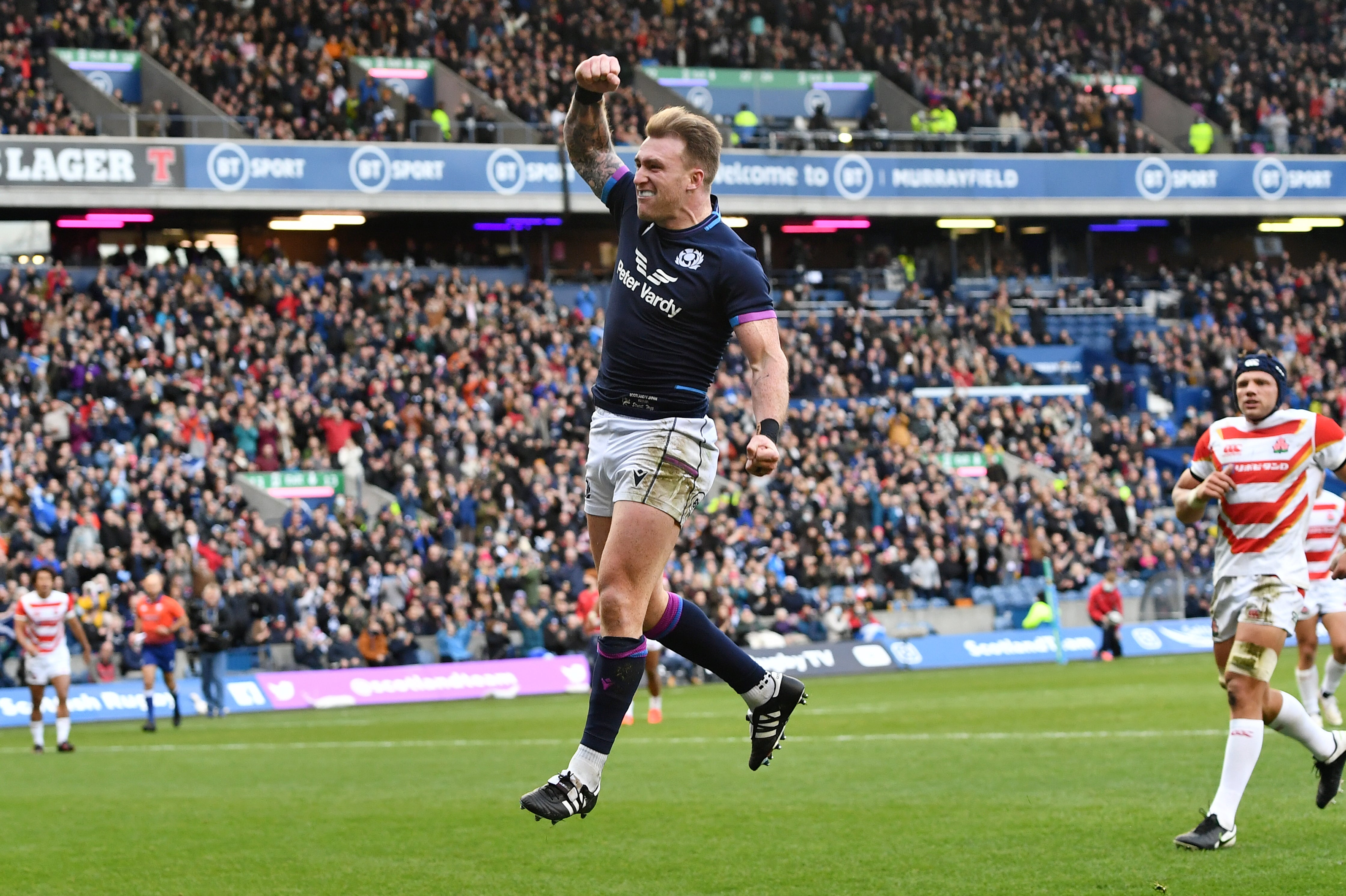 Scotland’s Stuart Hogg celebrates scoring an historic try (Malcolm Mackenzie/PA)