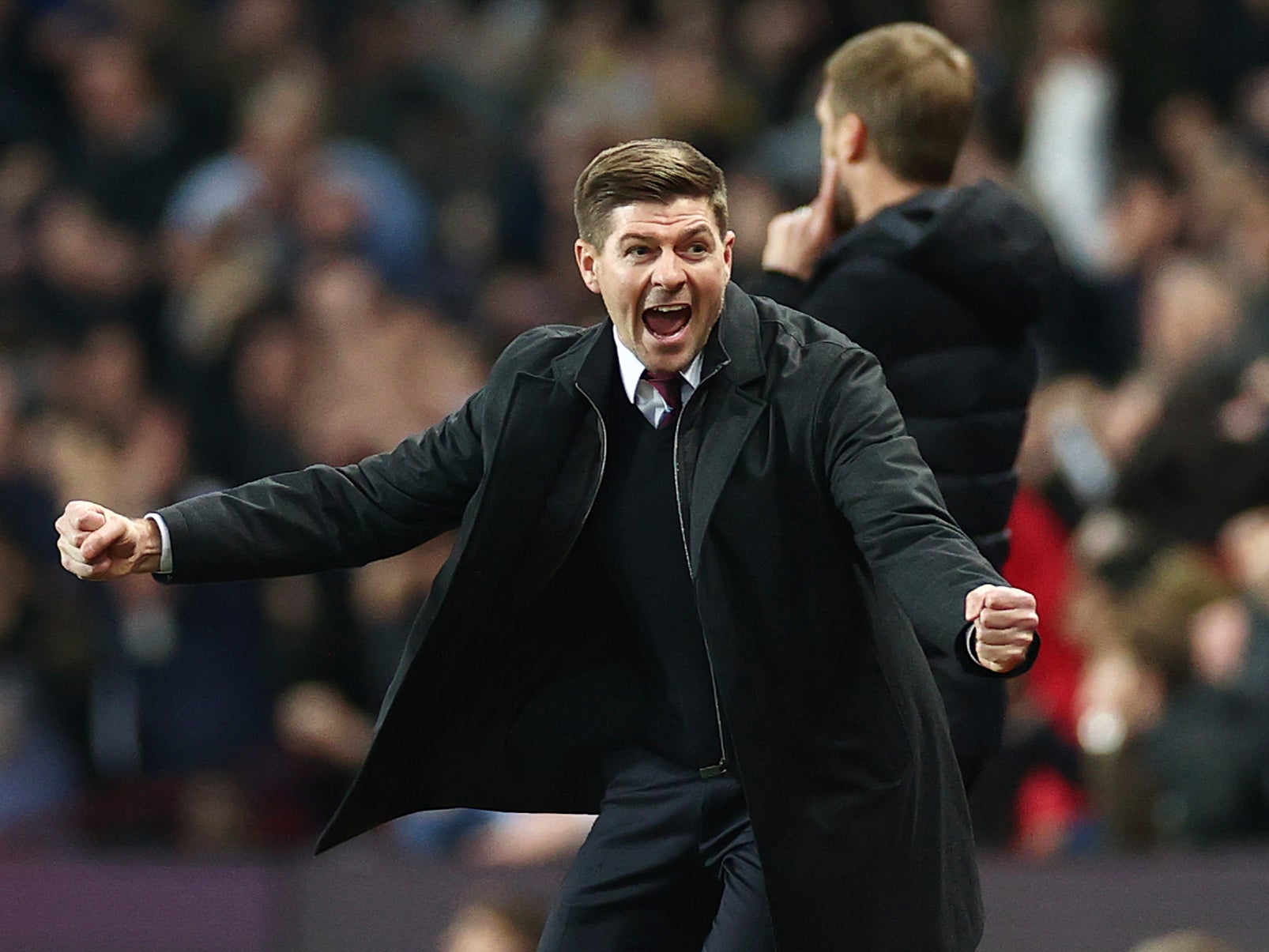 Steven Gerrard celebrates after Ollie Watkins scores