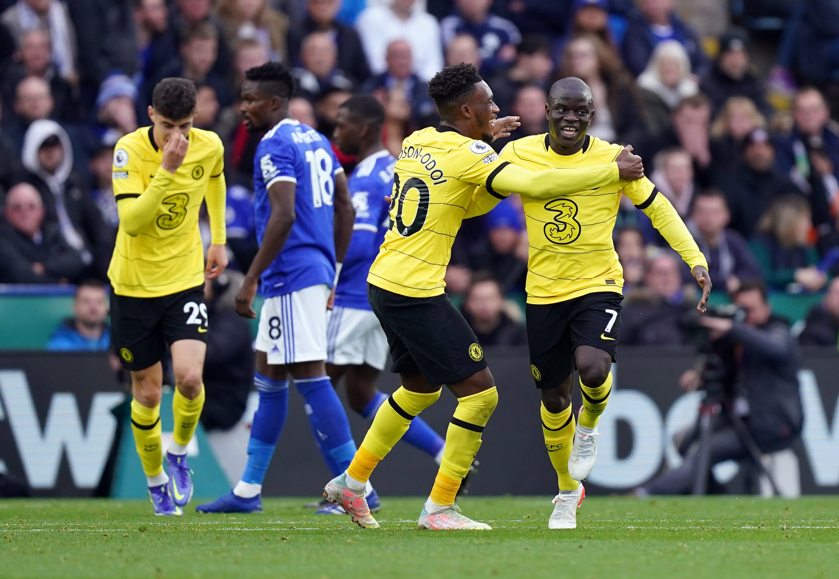 N’Golo Kante (right) scored Chelsea’s second against his former club (Mike Egerton/PA)