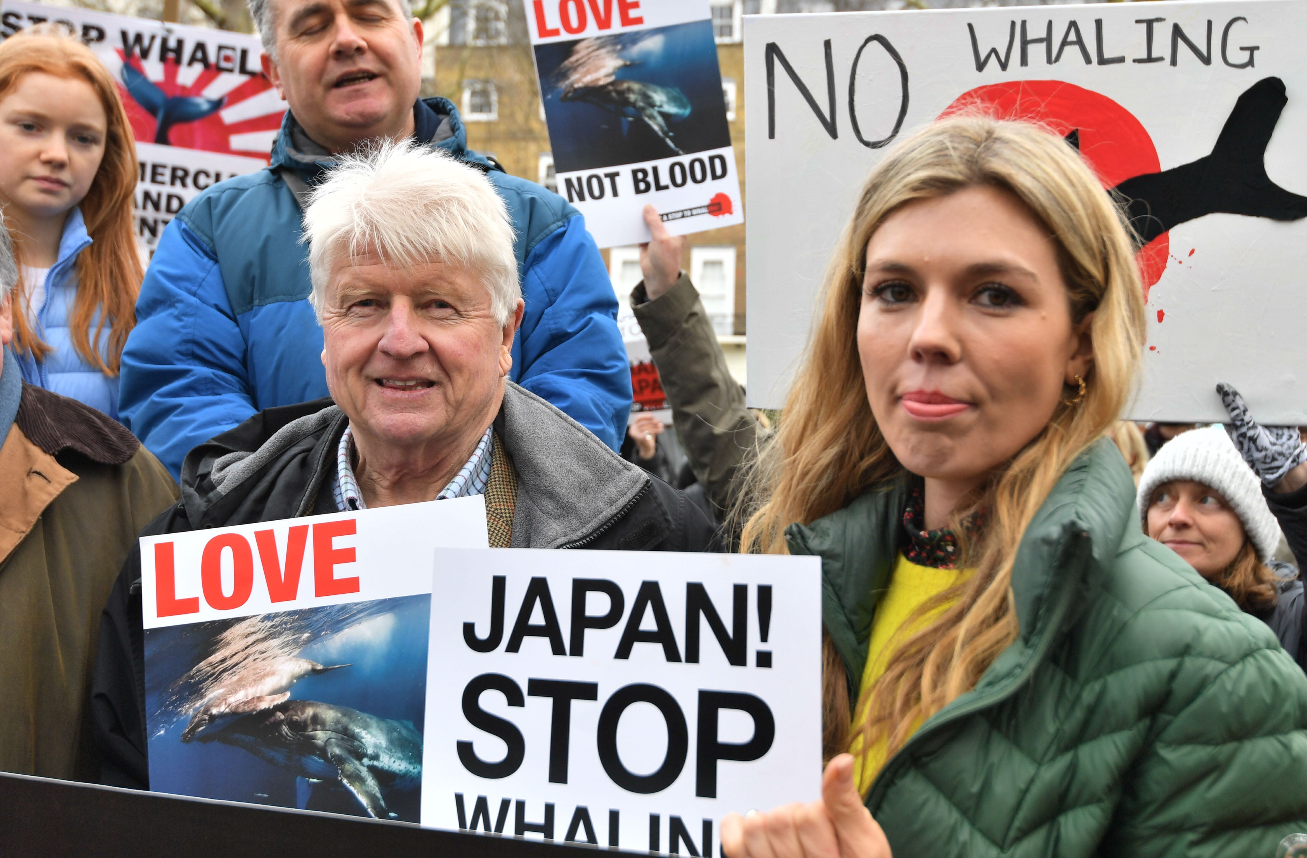 Stanley Johnson and Carrie Symonds at an anti-whaling protest outside the Japanese embassy in central London