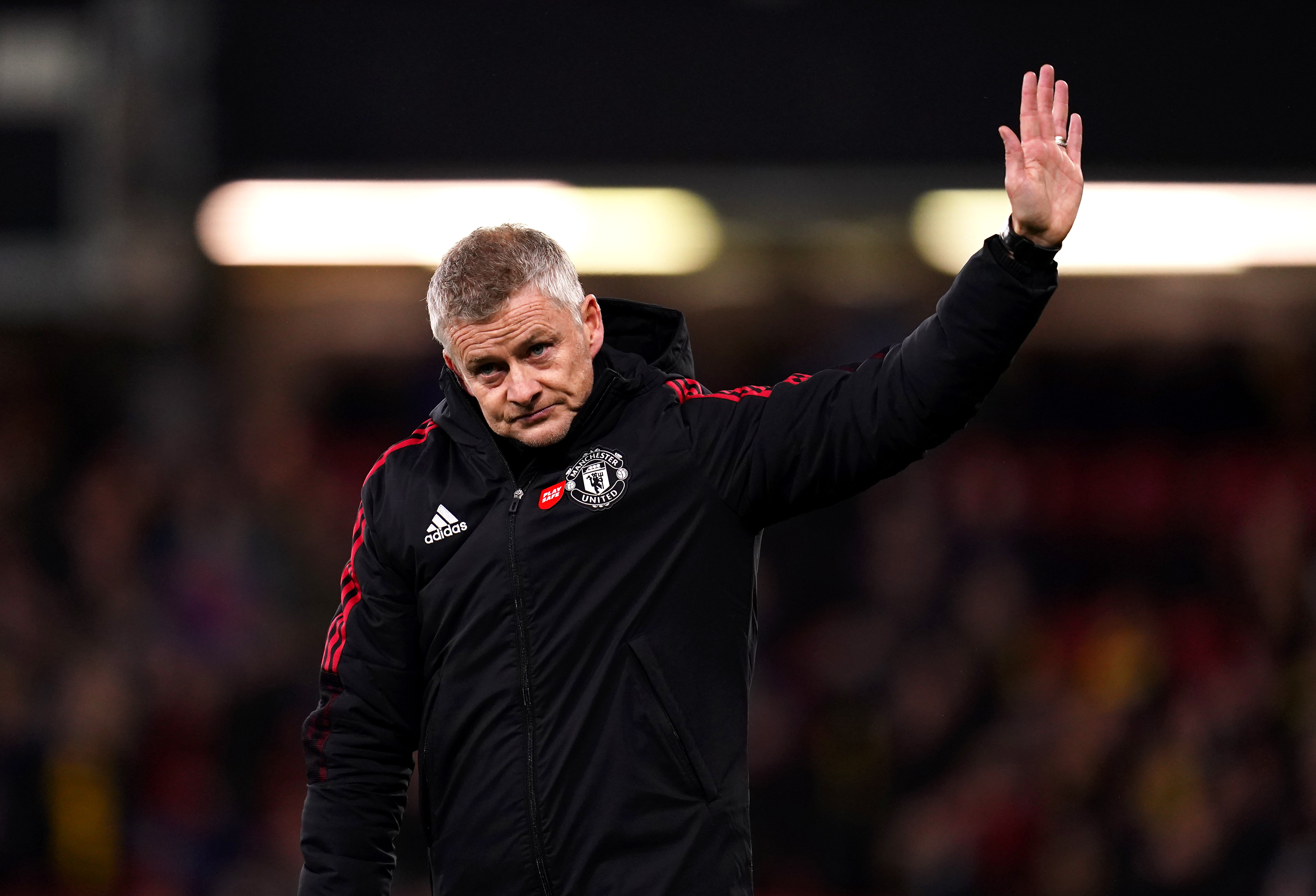 Solskjaer applauds the fans after the final whistle on a 4-1 thrashing at Watford, his last game in charge (John Walton/PA)