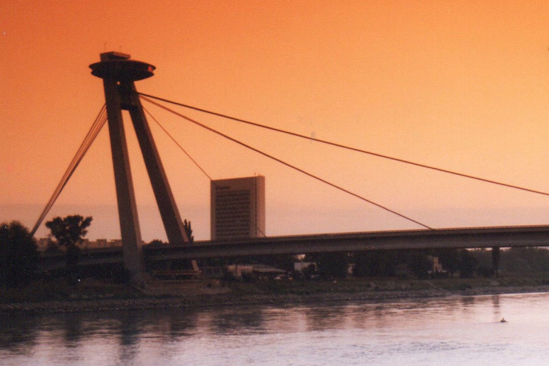 The Most SNP bridge (or Bridge of the Slovak National Uprising) is just 10 metres from Bratislava’s St Martin’s cathedral