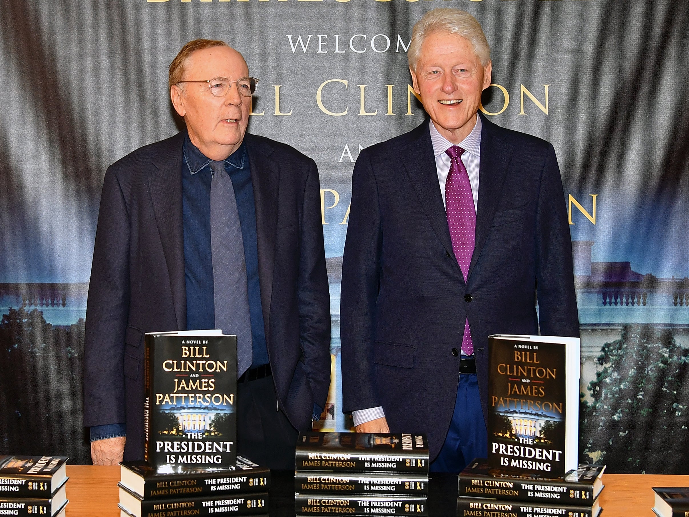 Patterson with Bill Clinton at an event marking the publication of their 2018 novel ‘The President Is Missing’