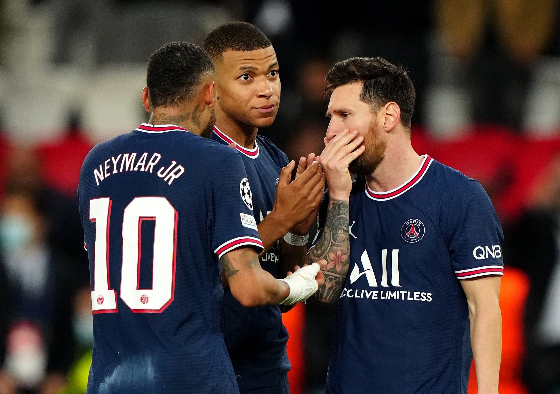 Mbappe (centre) is part of a feared front trio with Neymar (left) and Lionel Messi (right) (Julien Poupart/PA)