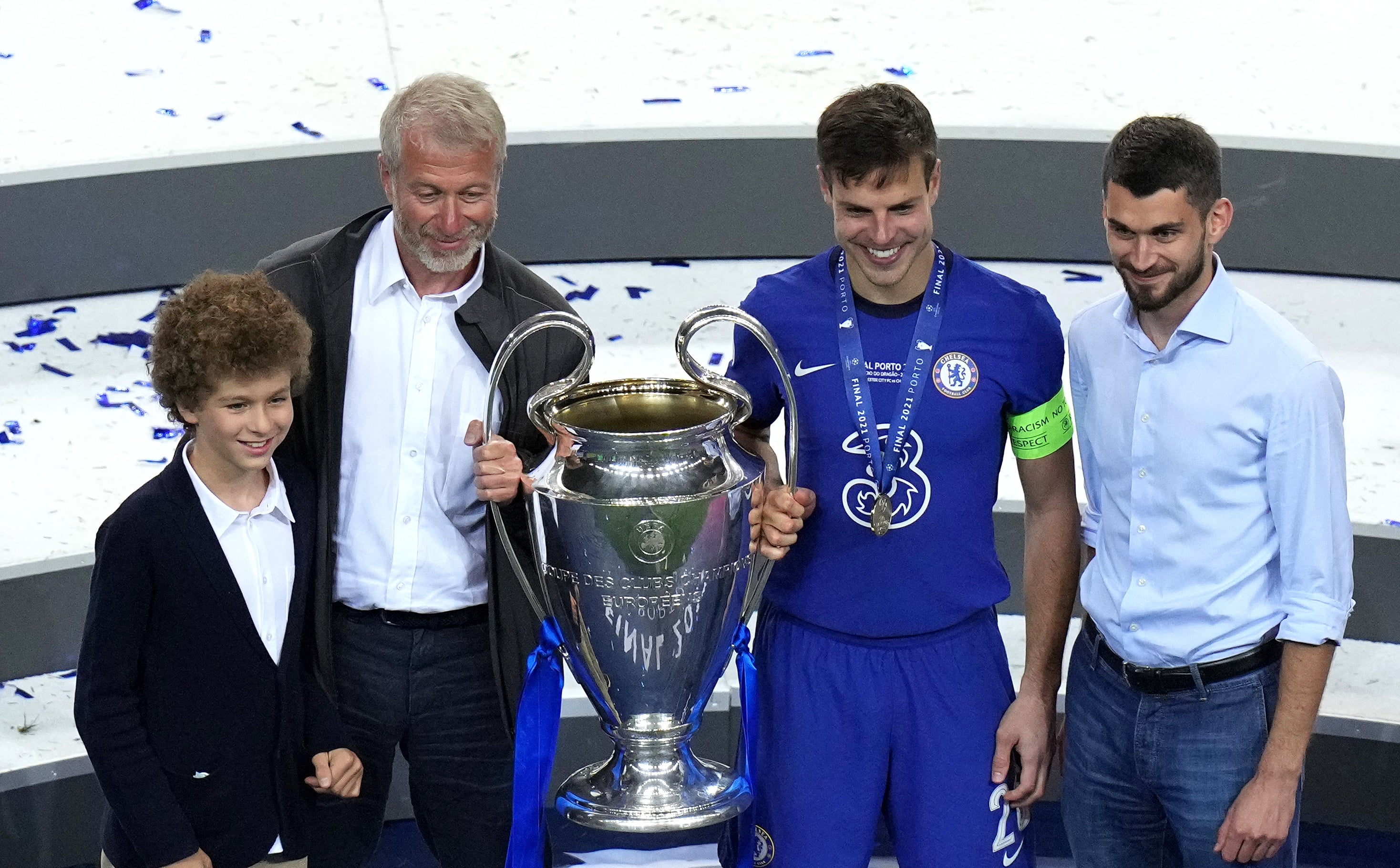 Roman Abramovich, second left, celebrating Chelsea’s Champions League win in May with captain Cesar Azpilicueta, second right (Adam Davy/PA)