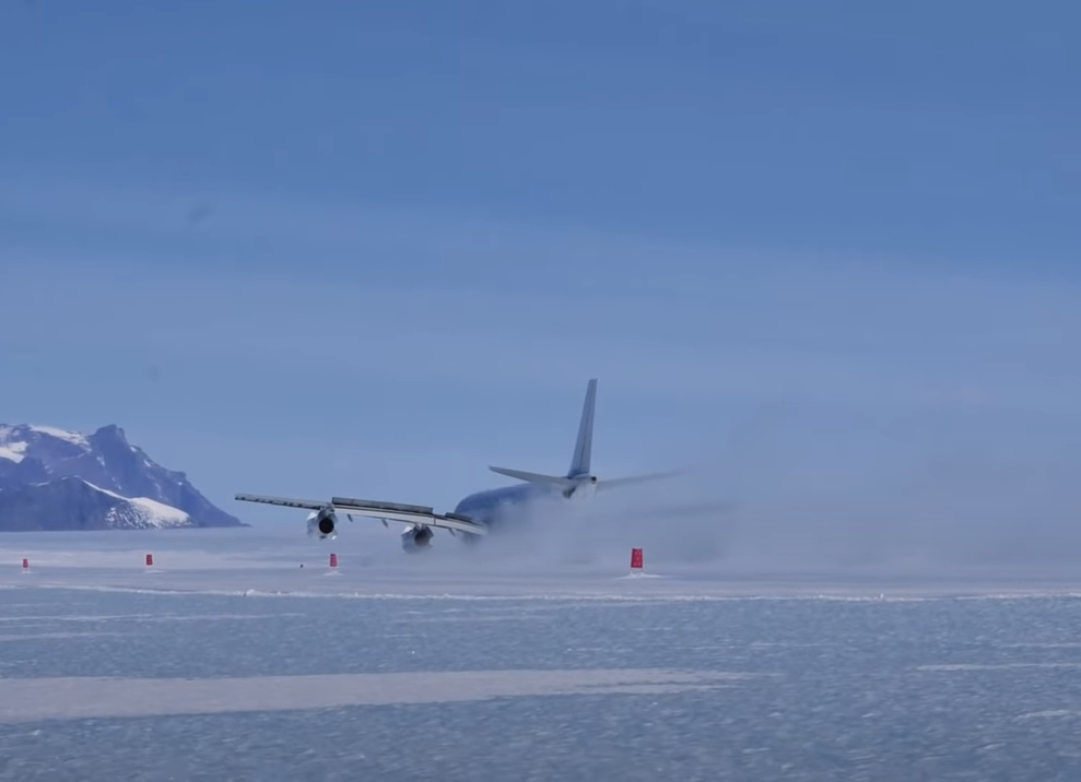 The jet touched down on a runway made of ice and snow