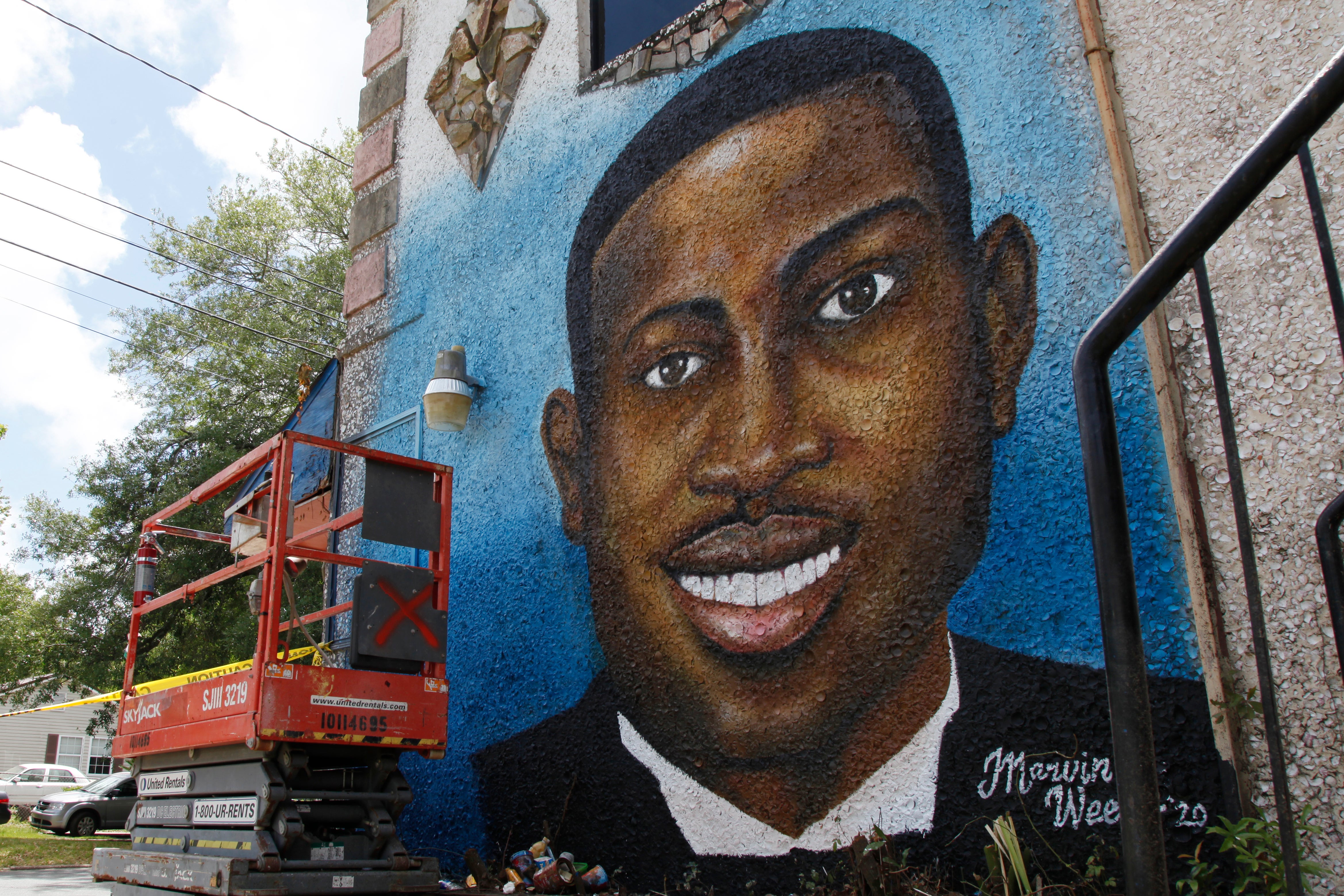 A mural of Ahmaud Arbery who was shot and killed in Brunswick, Georgia, in February 2020