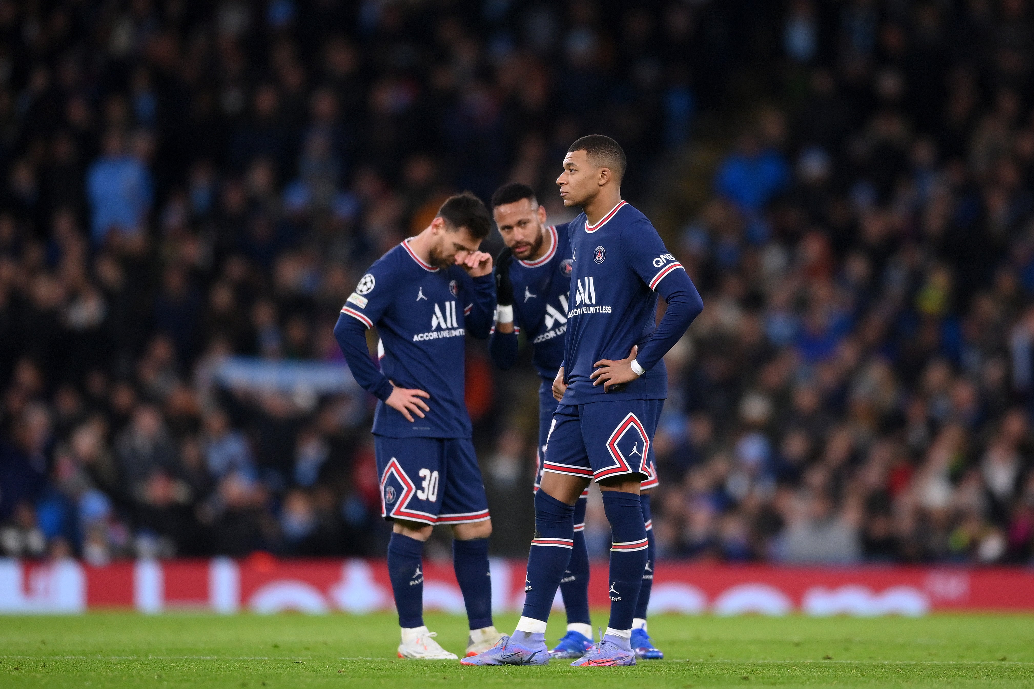 Kylian Mbappe, Lionel Messi and Neymar appear dejected after Man City equalise