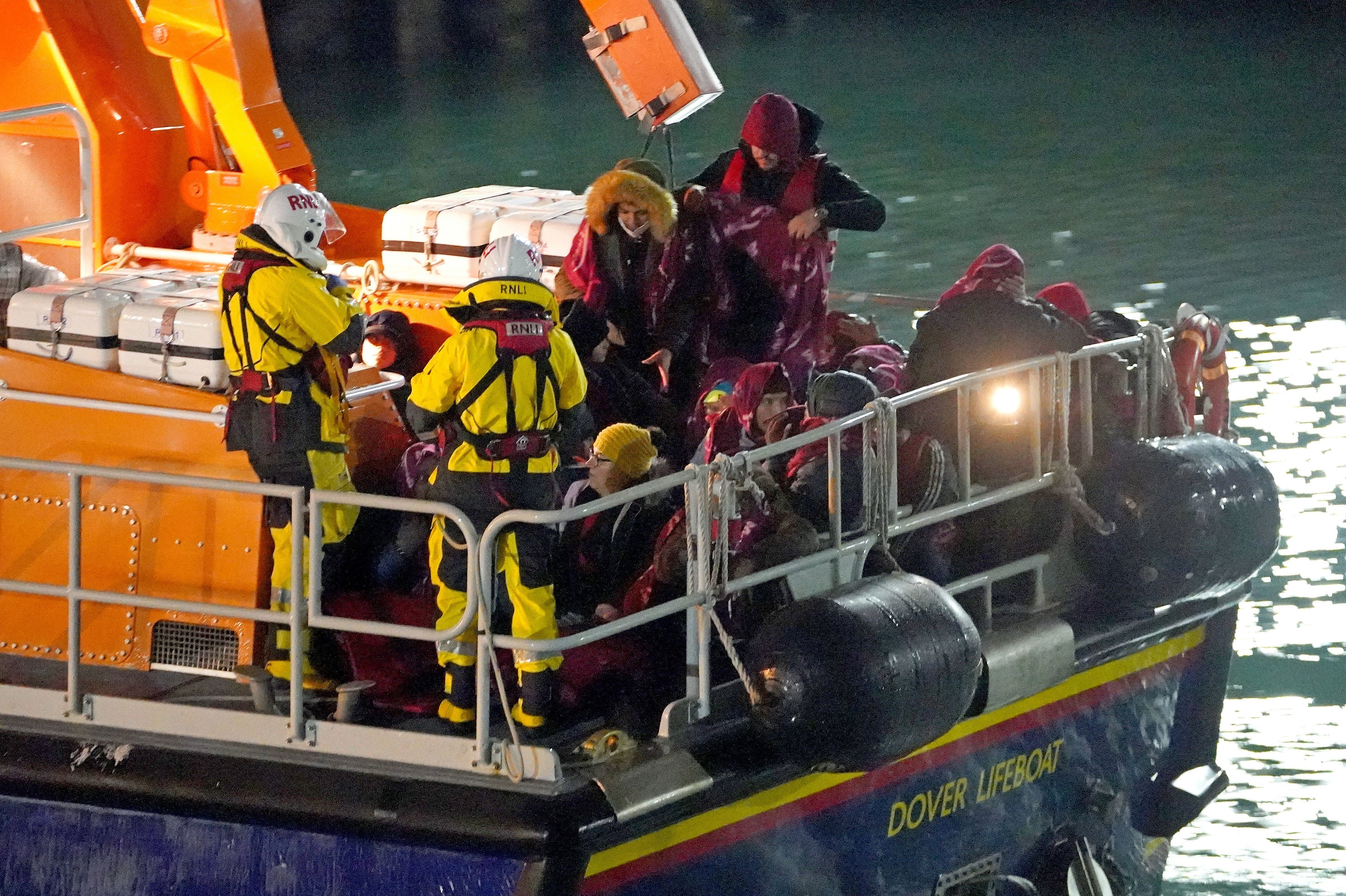 A group of people thought to be migrants are brought in to Dover, Kent, by the RNLI, following a small boat incident in the Channel after 27 people died yesterday in the worst-recorded migrant tragedy in the Channel. Picture date: Thursday November 25, 2021.