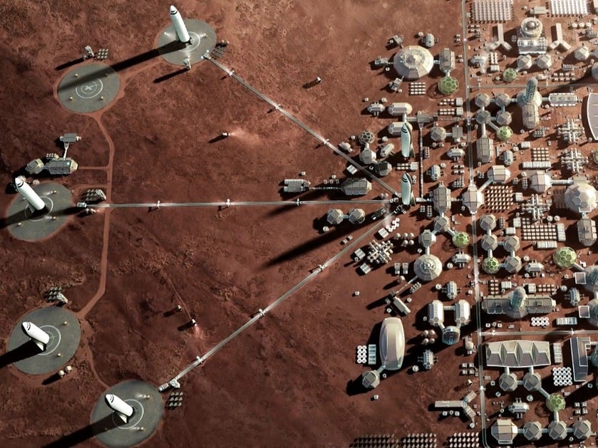 A SpaceX mockup of Elon Musk’s plan to use Starship rockets set up a colony on Mars in order to ensure humanity’s long-term survival