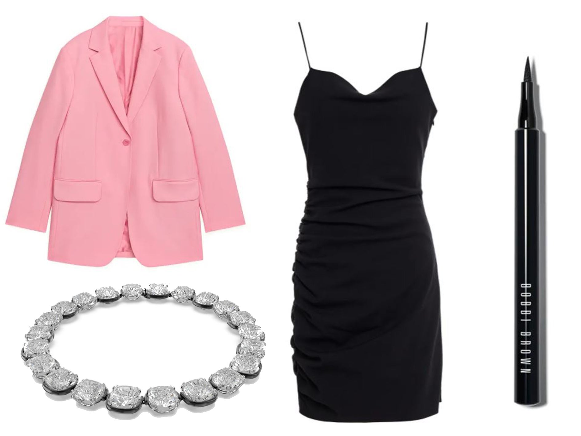 Arket blazer: £135, Swarovski choker: £380, Cinq a Sept dress: £150, Bobbi Brown liquid eyeliner: £19.88