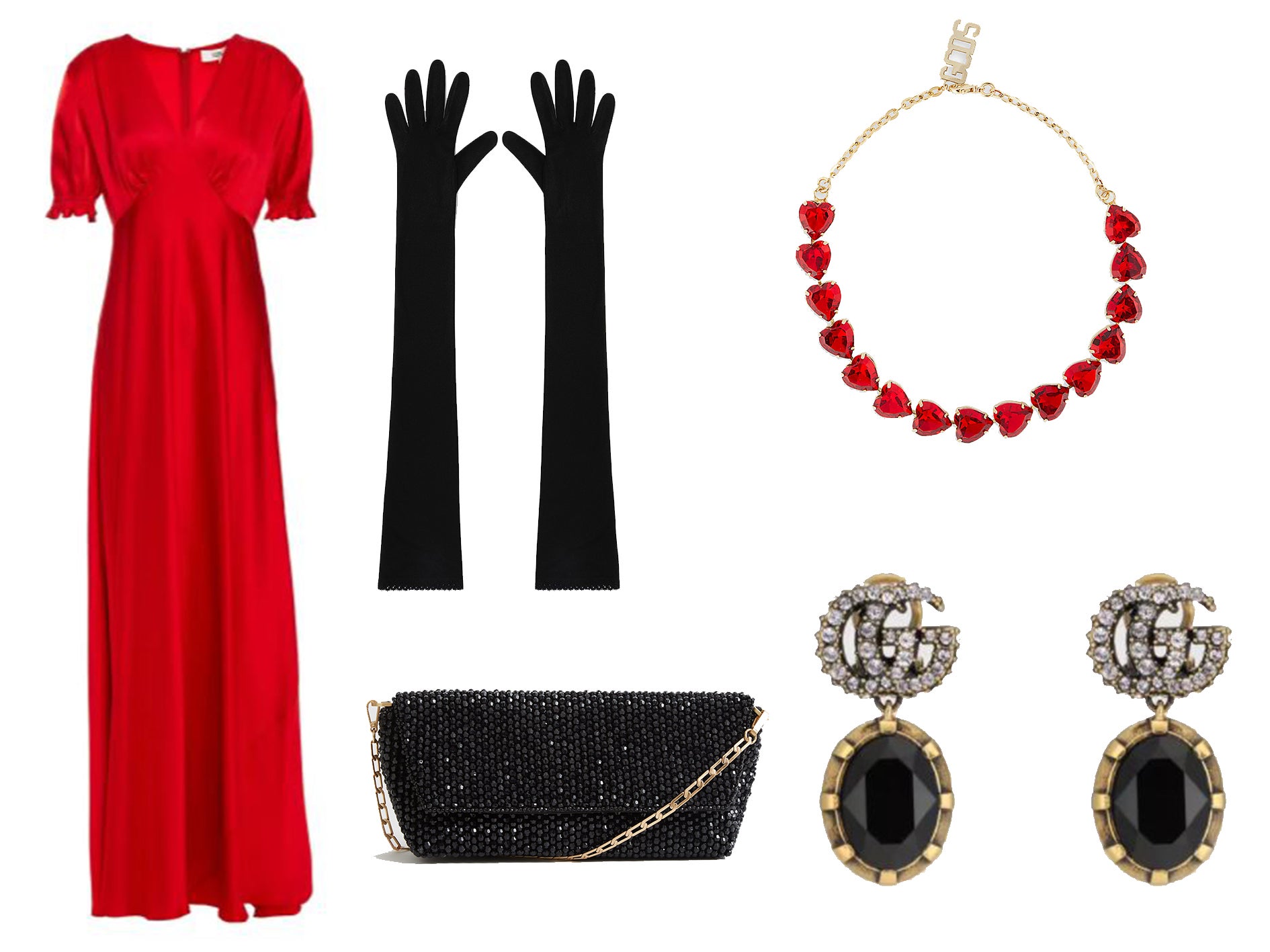 DVF gown: £229, LilySilk gloves: £25.99, Reiss clutch: £148, GCDS choker: £145, Gucci earrings: £285