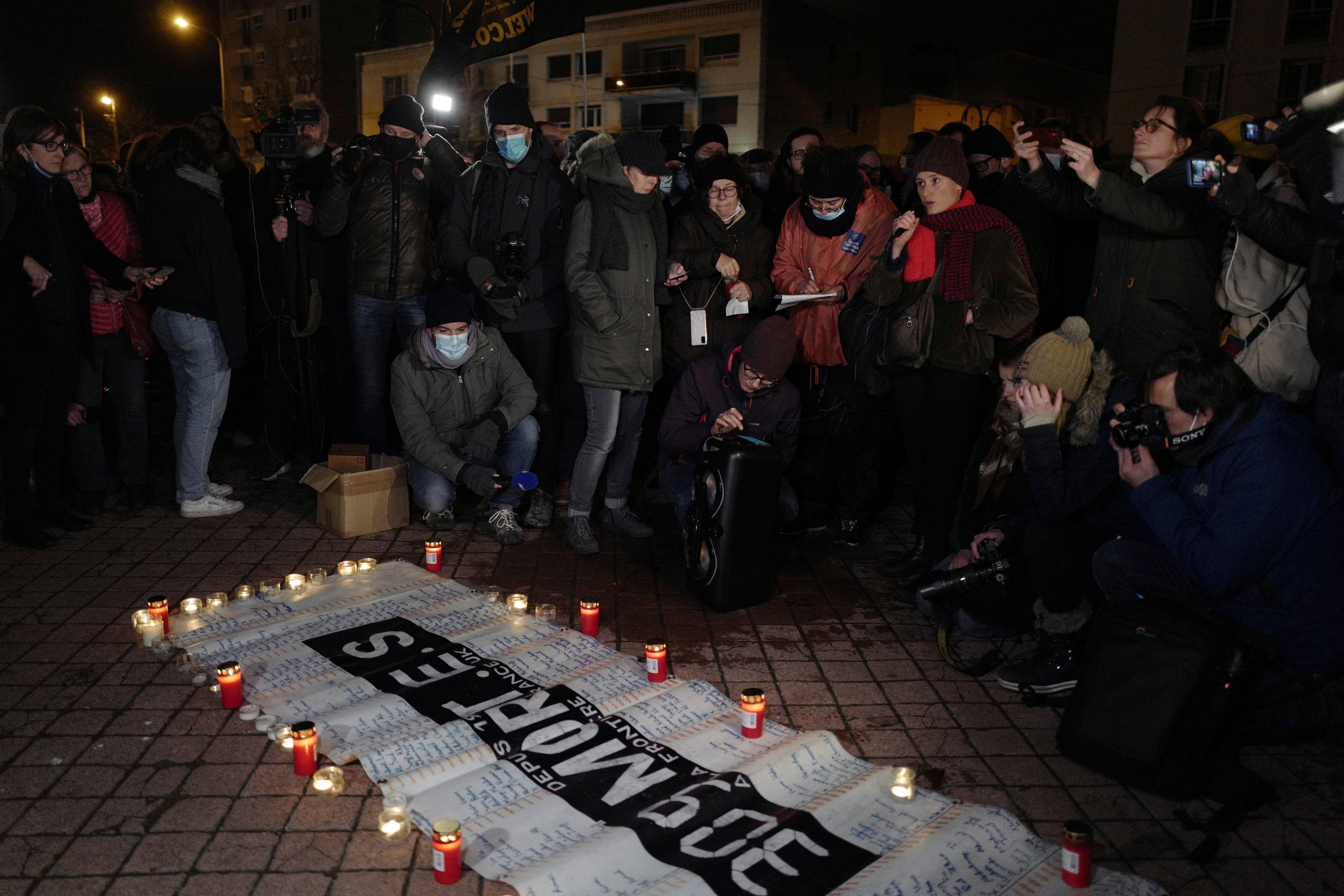 Activists defending migrants’ rights at a gathering outside the port of Calais