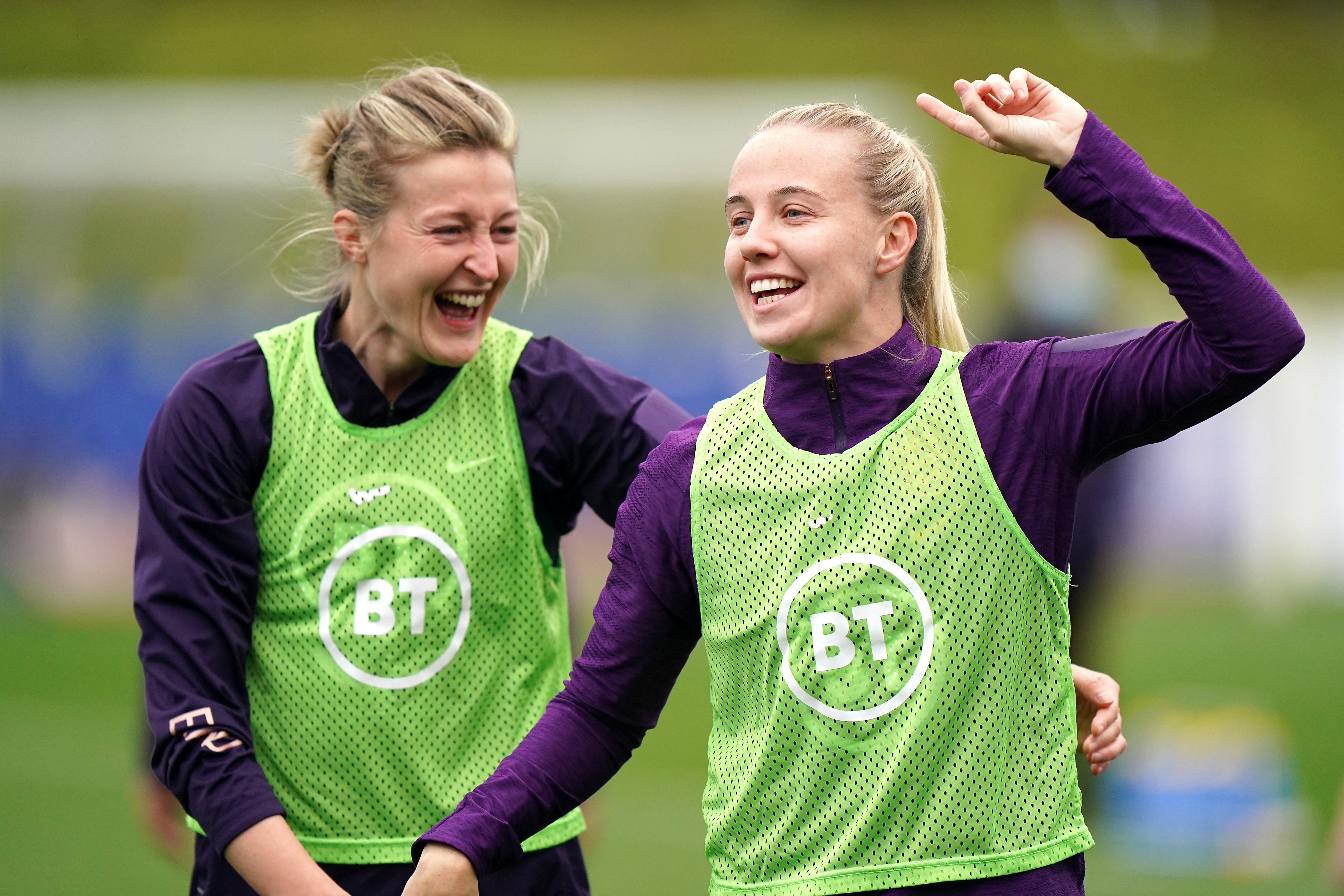 England’s Ellen White (left) and Beth Mead during a training session at St George’s Park (Tim Goode/PA)