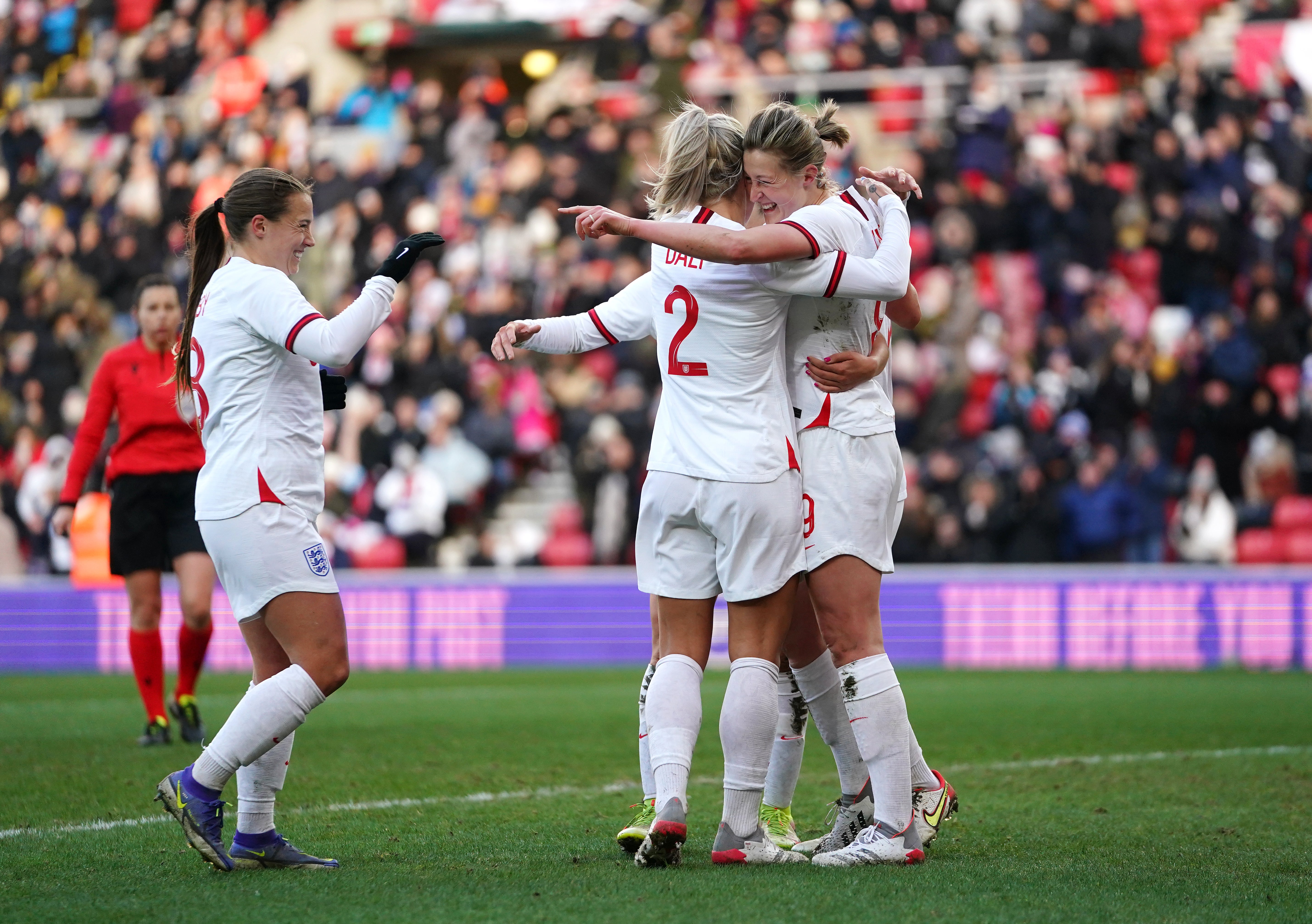 England celebrate Ellen White’s winner against Austria