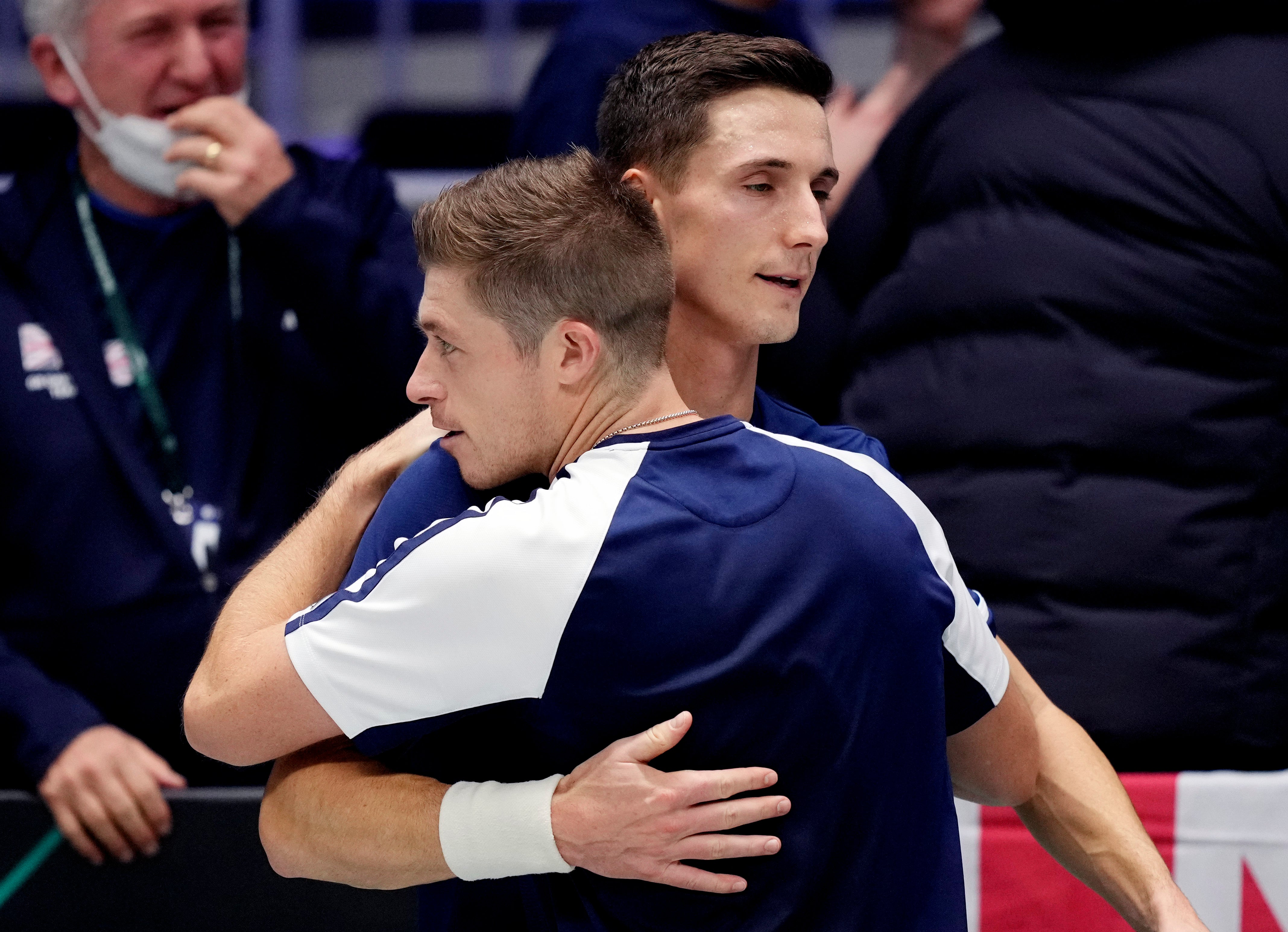 Joe Salisbury, right, and Neal Skupski celebrate their victory (Michael Probst/AP)