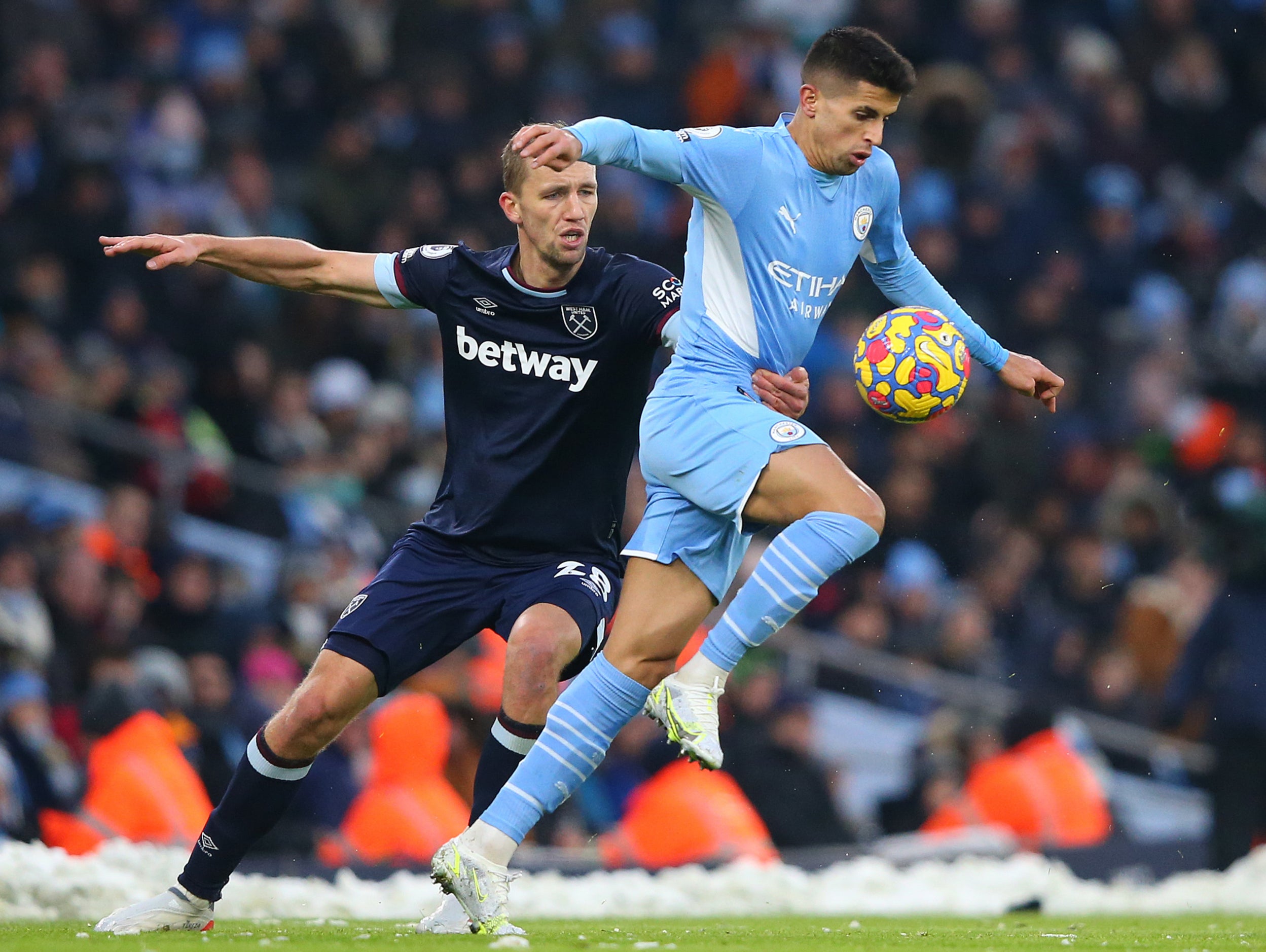 Joao Cancelo skips past West Ham’s Tomas Soucek