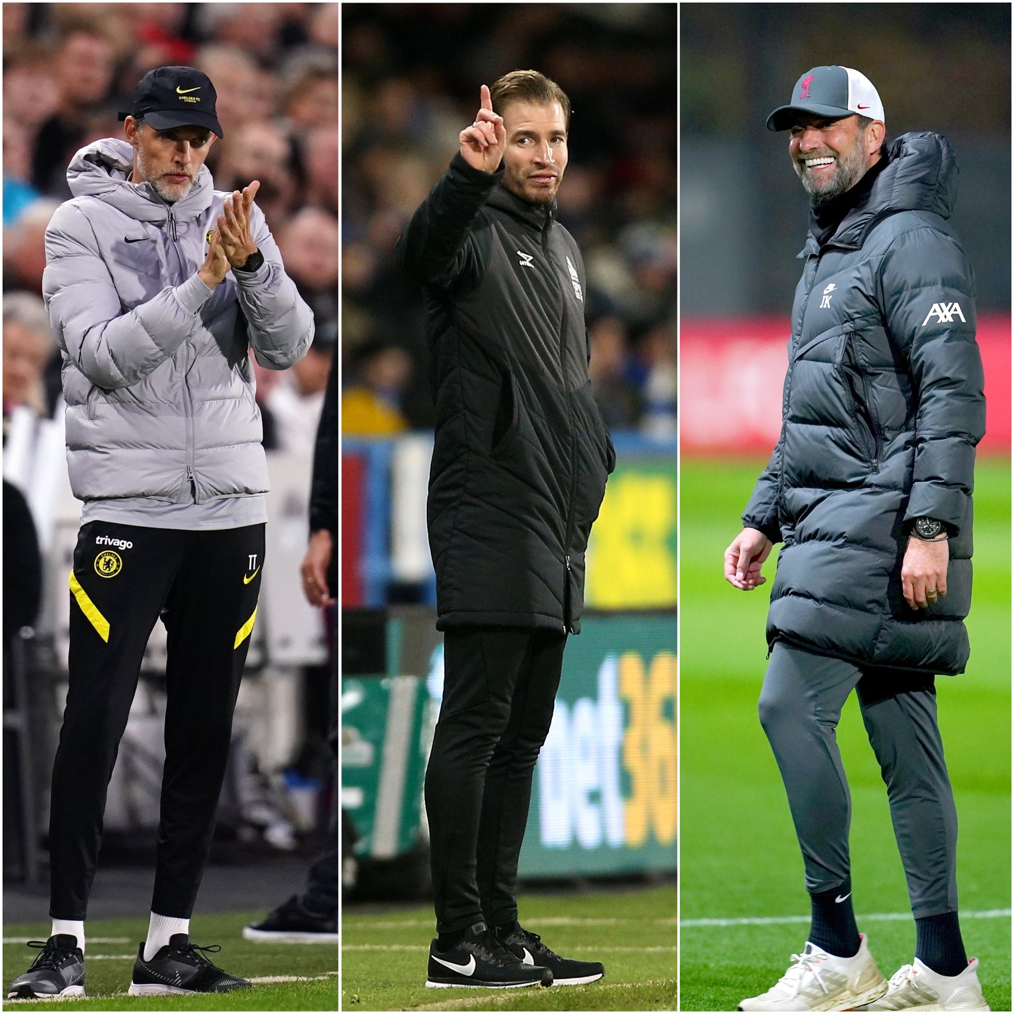 Thomas Tuchel, left, and Jurgen Klopp, right, have enjoyed rather more success than Jan Siewert, centre (John Walton/Nigel French/Peter Byrne/PA)