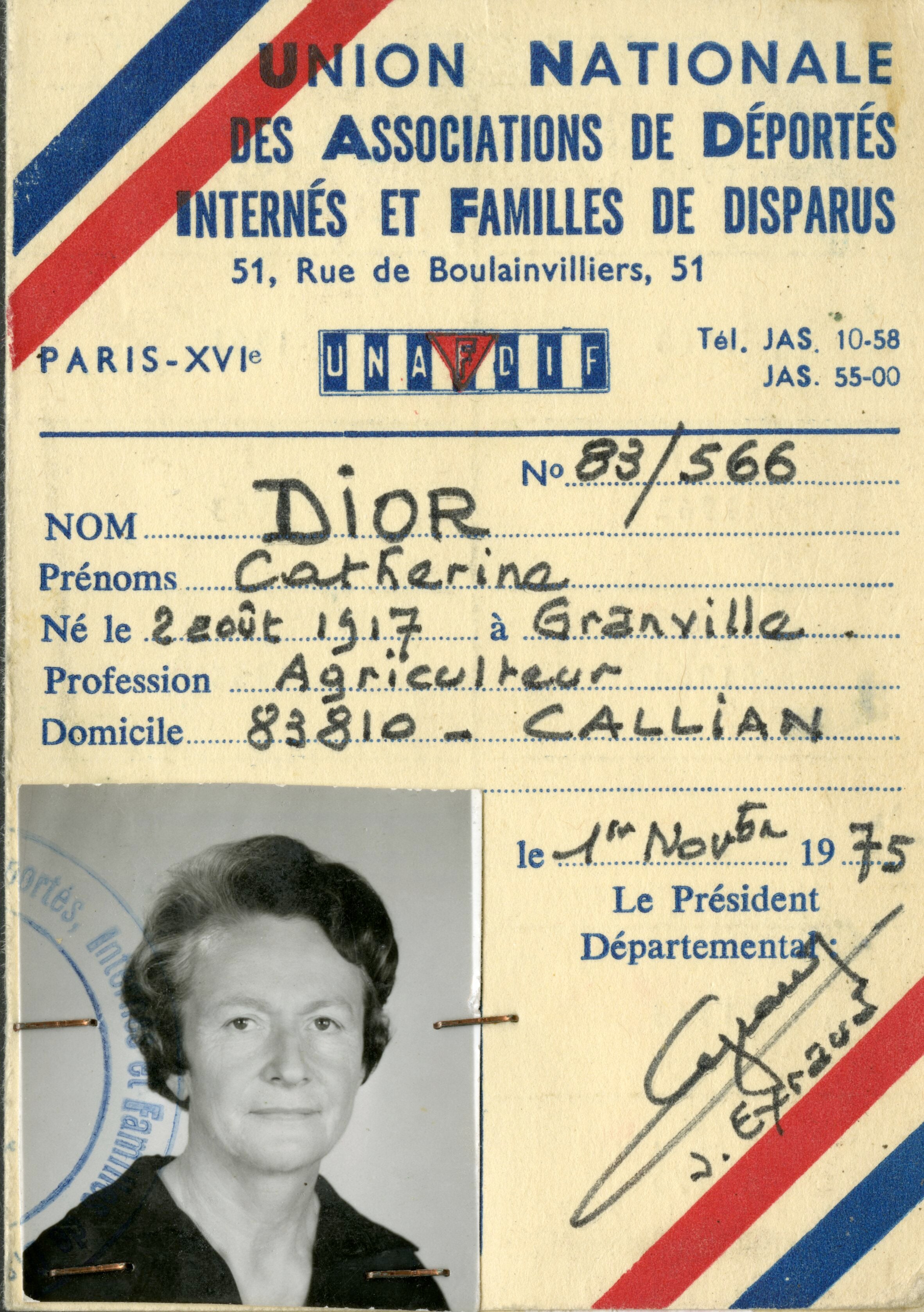 This official document issued by the French government reflects Catherine Dior’s status as someone who was a victim of deportation