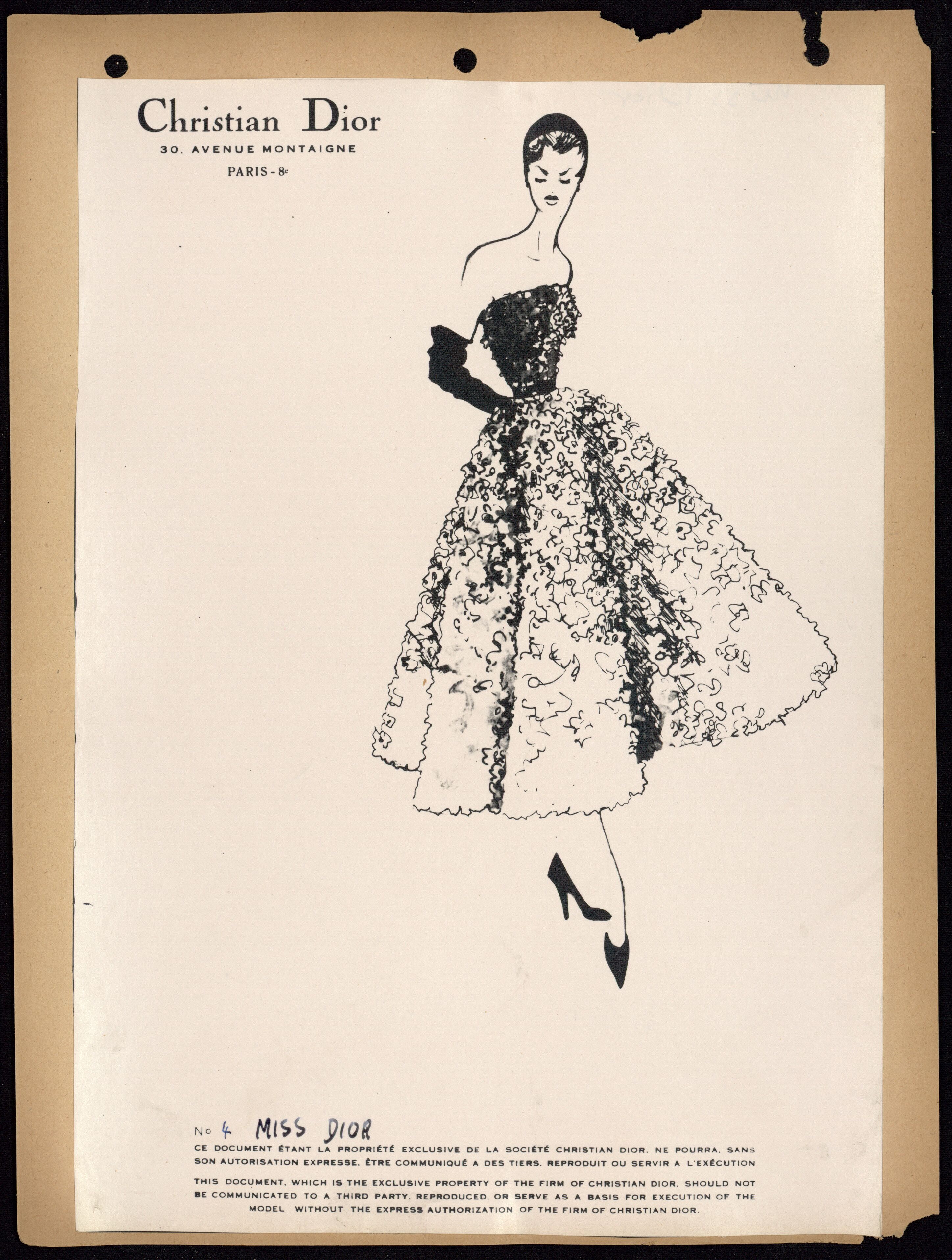 Sketch for a Miss Dior short evening dress embroidered with 1,000 flowers (1949)