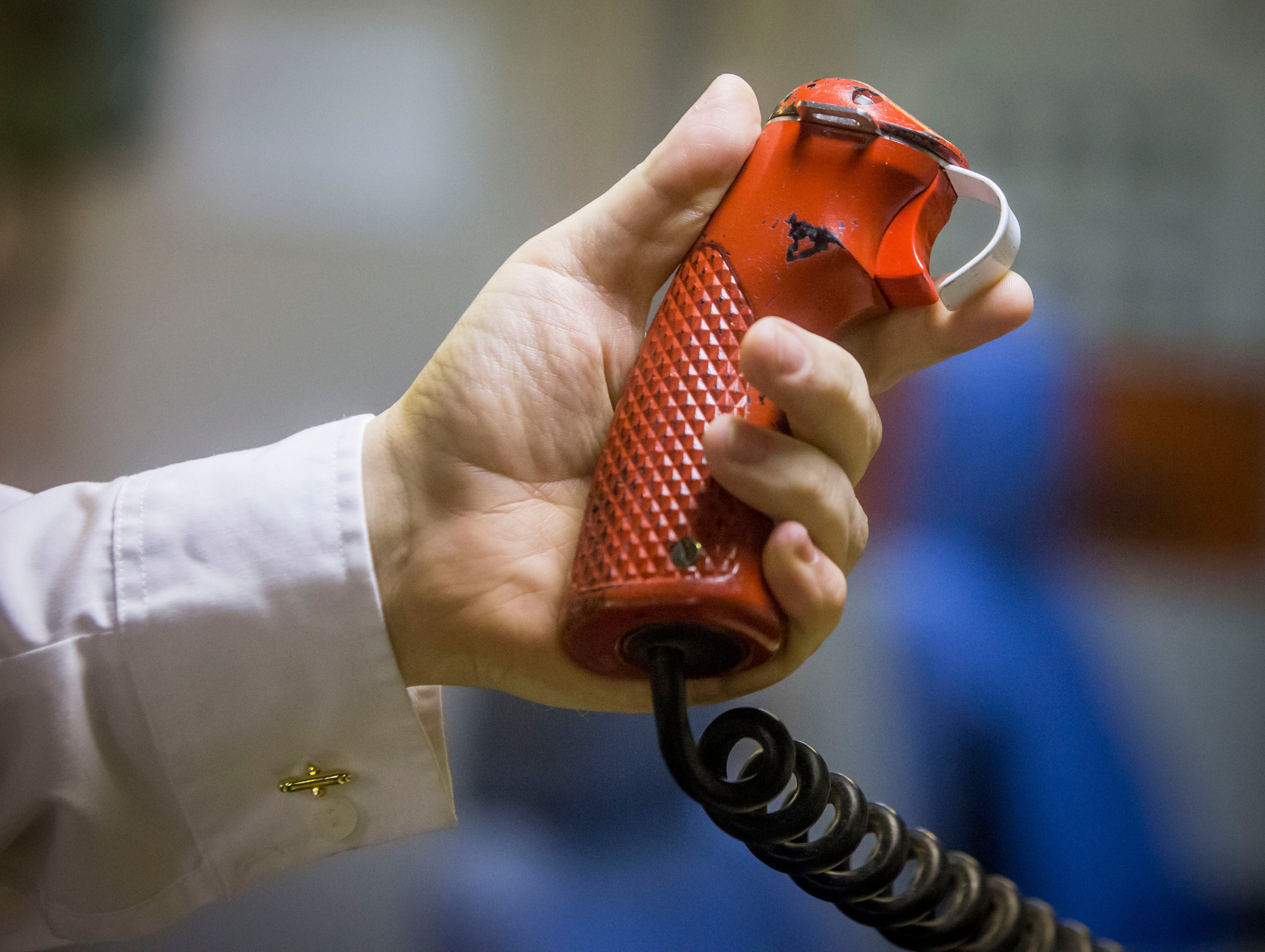 The weapons engineer officer’s tactical trigger, that would be used in the final stage of a nuclear missile launch, on board Vanguard-class submarine HMS Vigilant (Danny Lawson/PA)