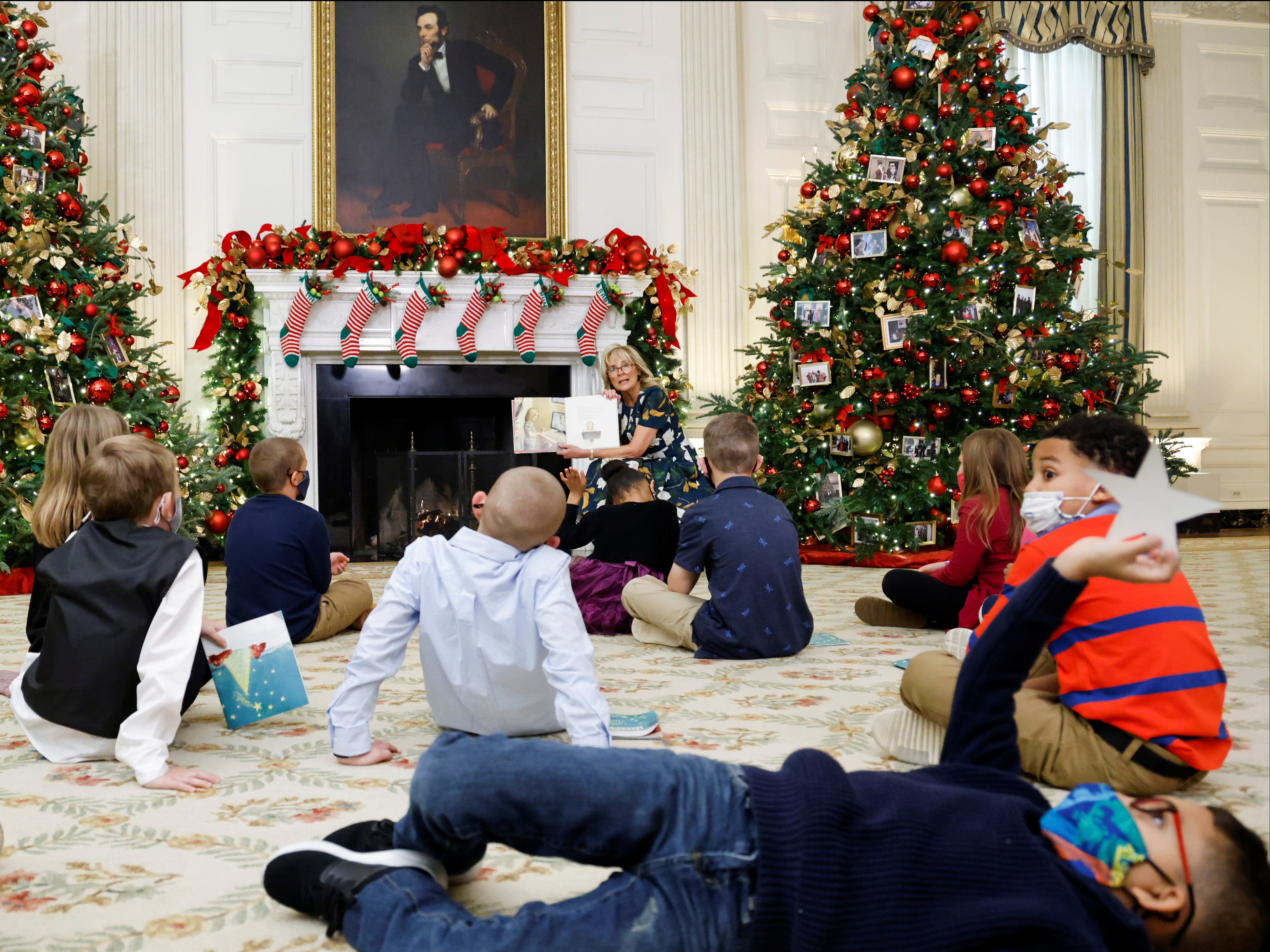 First lady Jilly Biden reads to children in the White House on 29 November, 2021