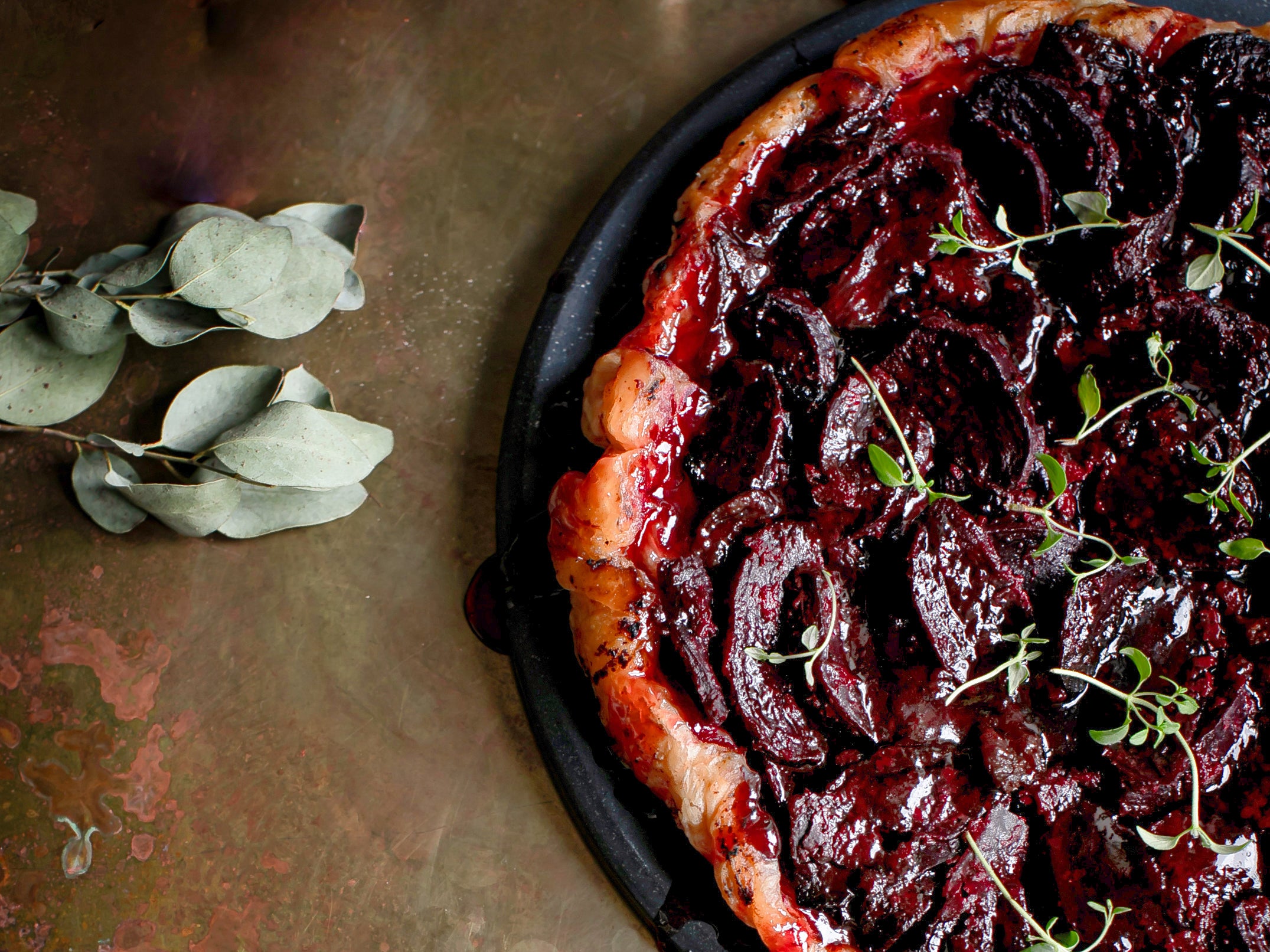 Miso beetroot tarte tatin and cashew bread sauce