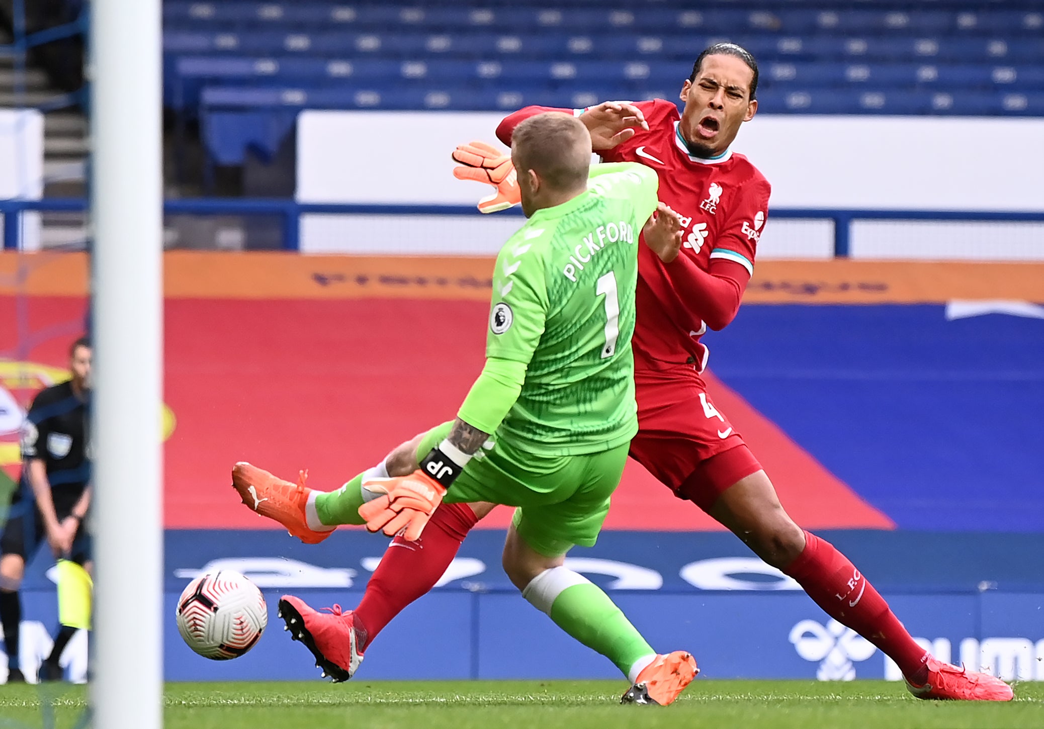 Virgil Van Dijk’s season was ended by a challenge from Everton goalkeeper Jordan Pickford (Laurence Griffiths/PA)