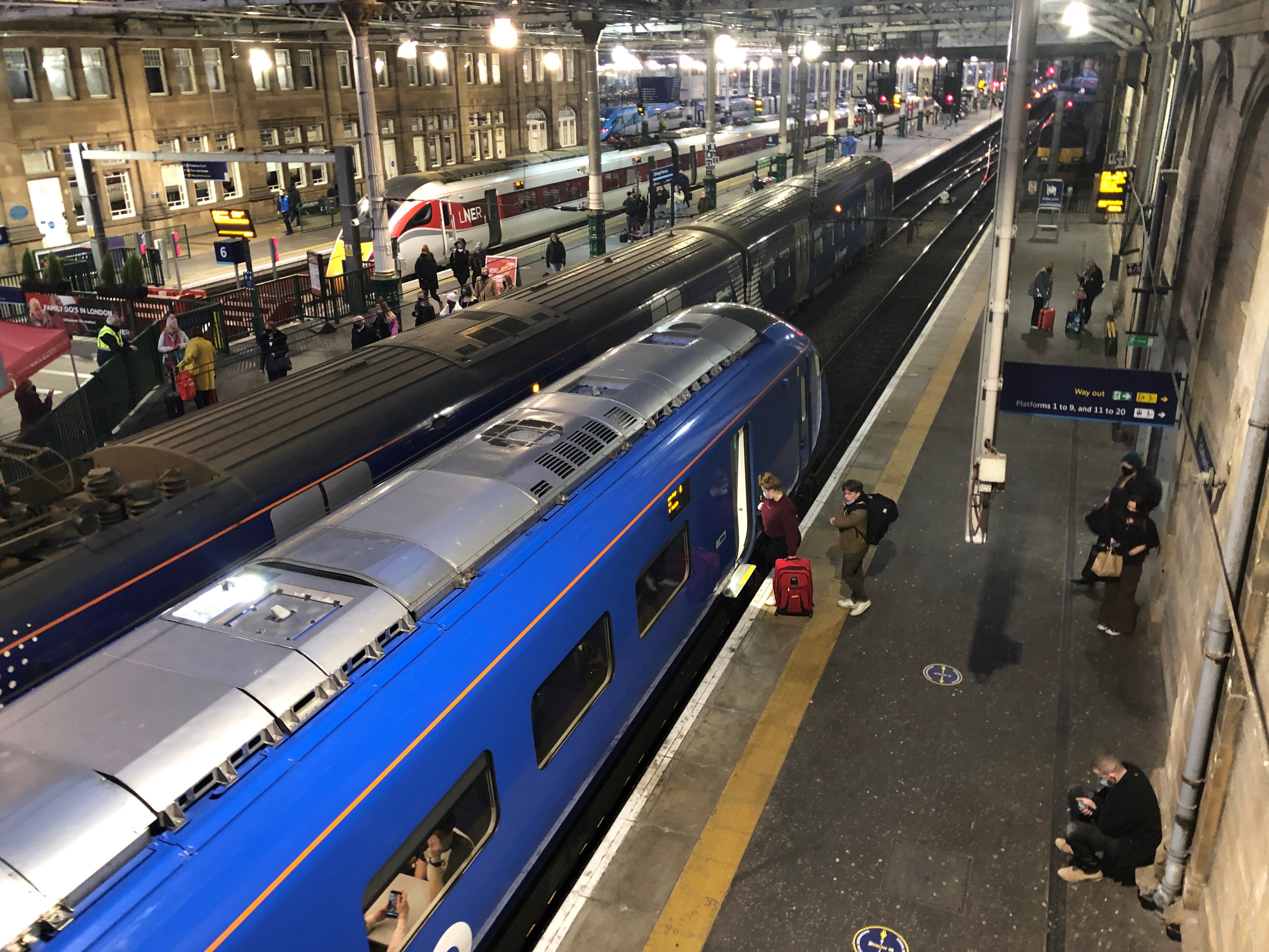 North point: Edinburgh Waverley station, with an LNER train (top) and a Lumo train (bottom)