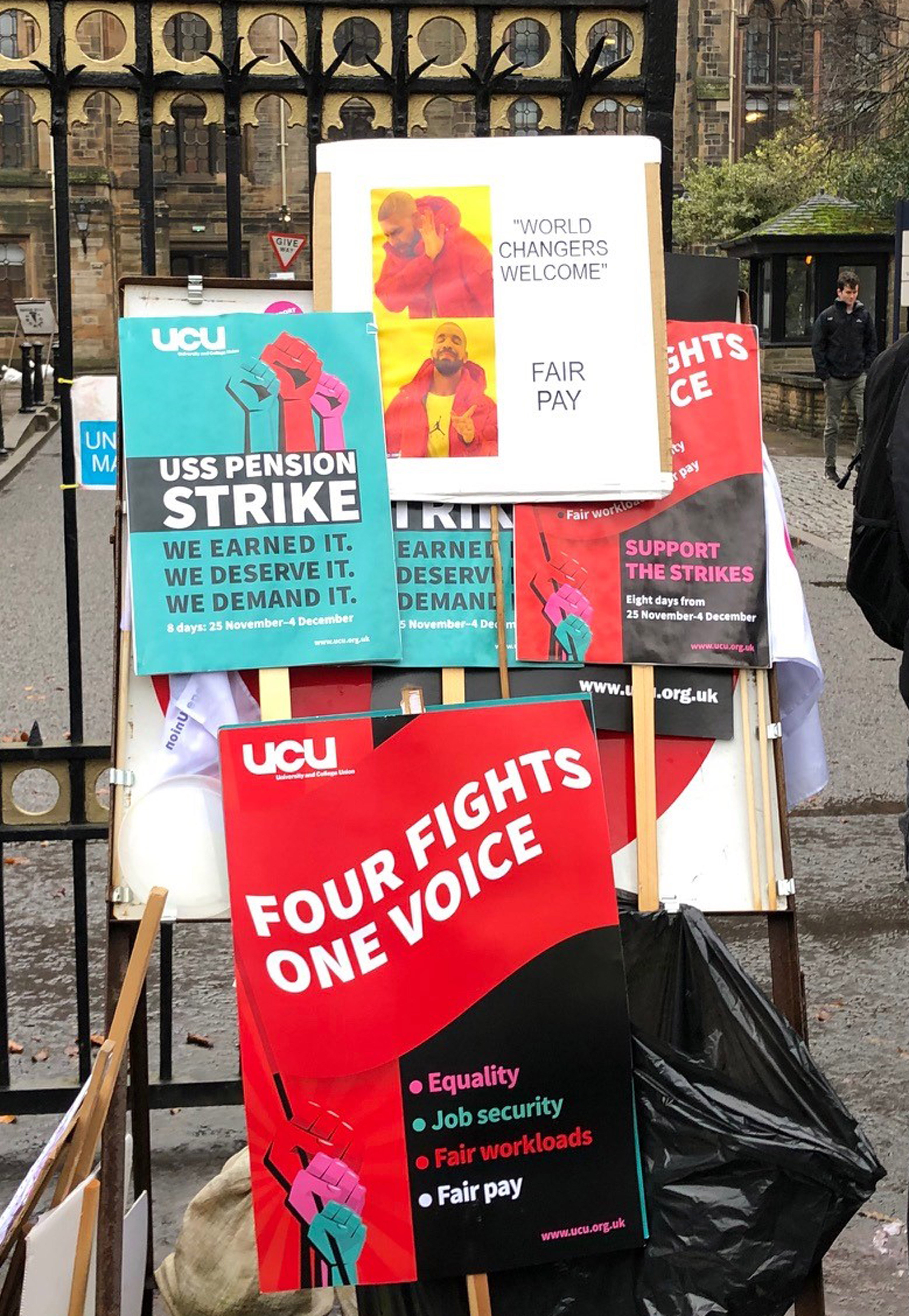 Placards by members of the University and College Union outside the University of Glasgow after workers began a previous eight-day strike in rows over pay, conditions and pensions.