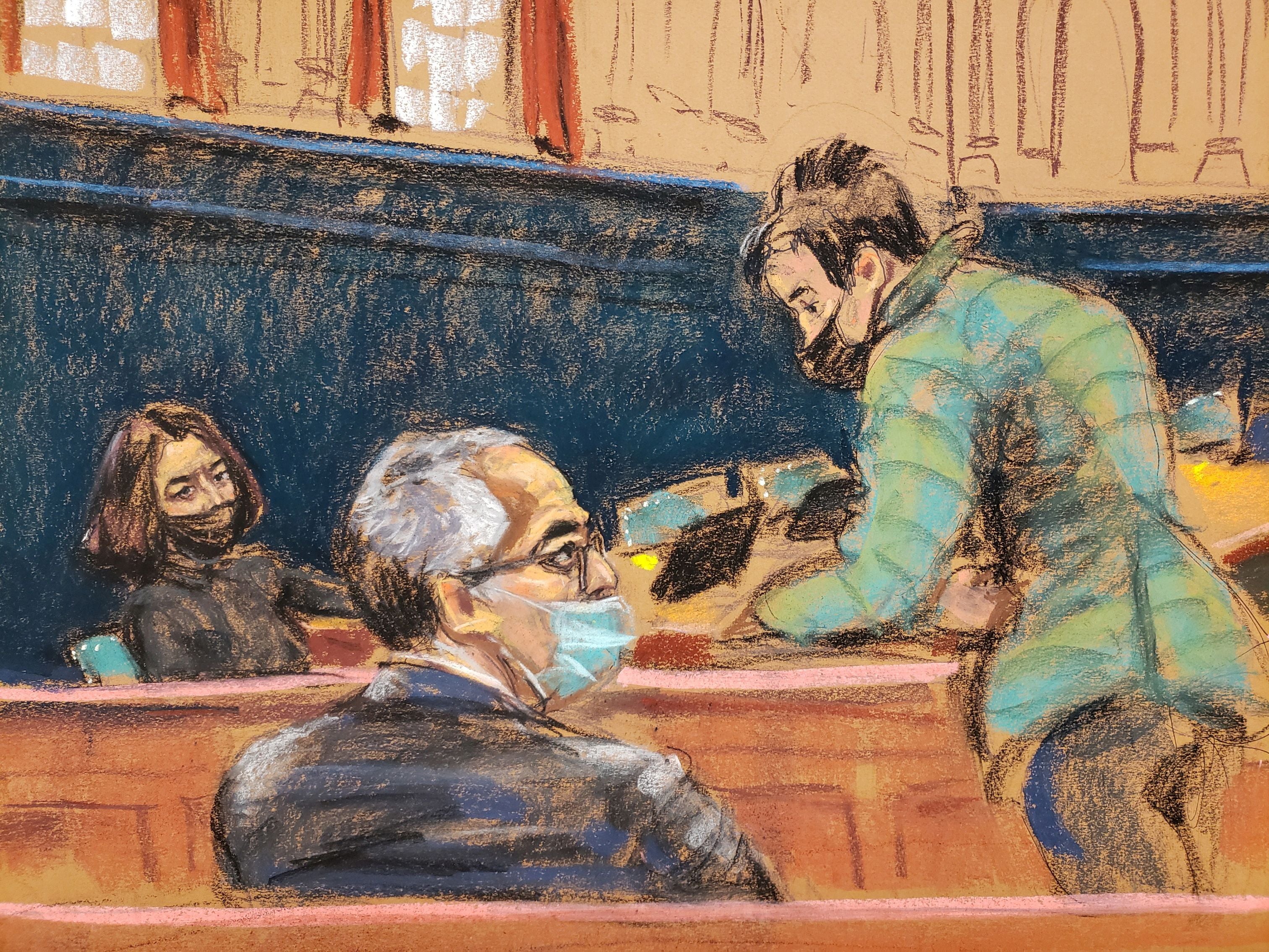 Ghislaine Maxwell looks at her brother Kevin Maxwell and sister Isabel Maxwell during her trial in a courtroom sketch on 1 December