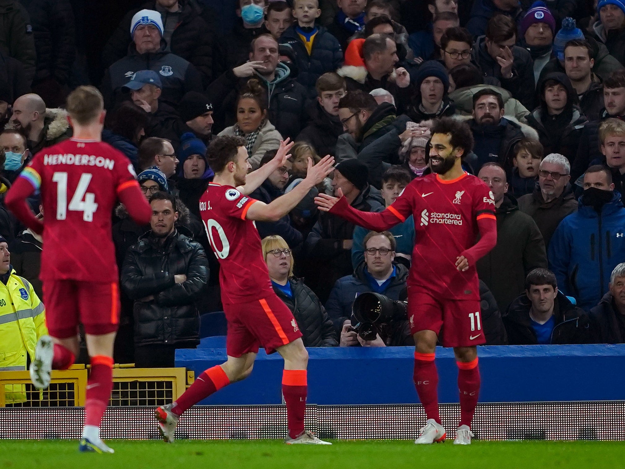 Liverpool goalscorers Jordan Henderson, Diogo Jota and Mohamed Salah (L-R)