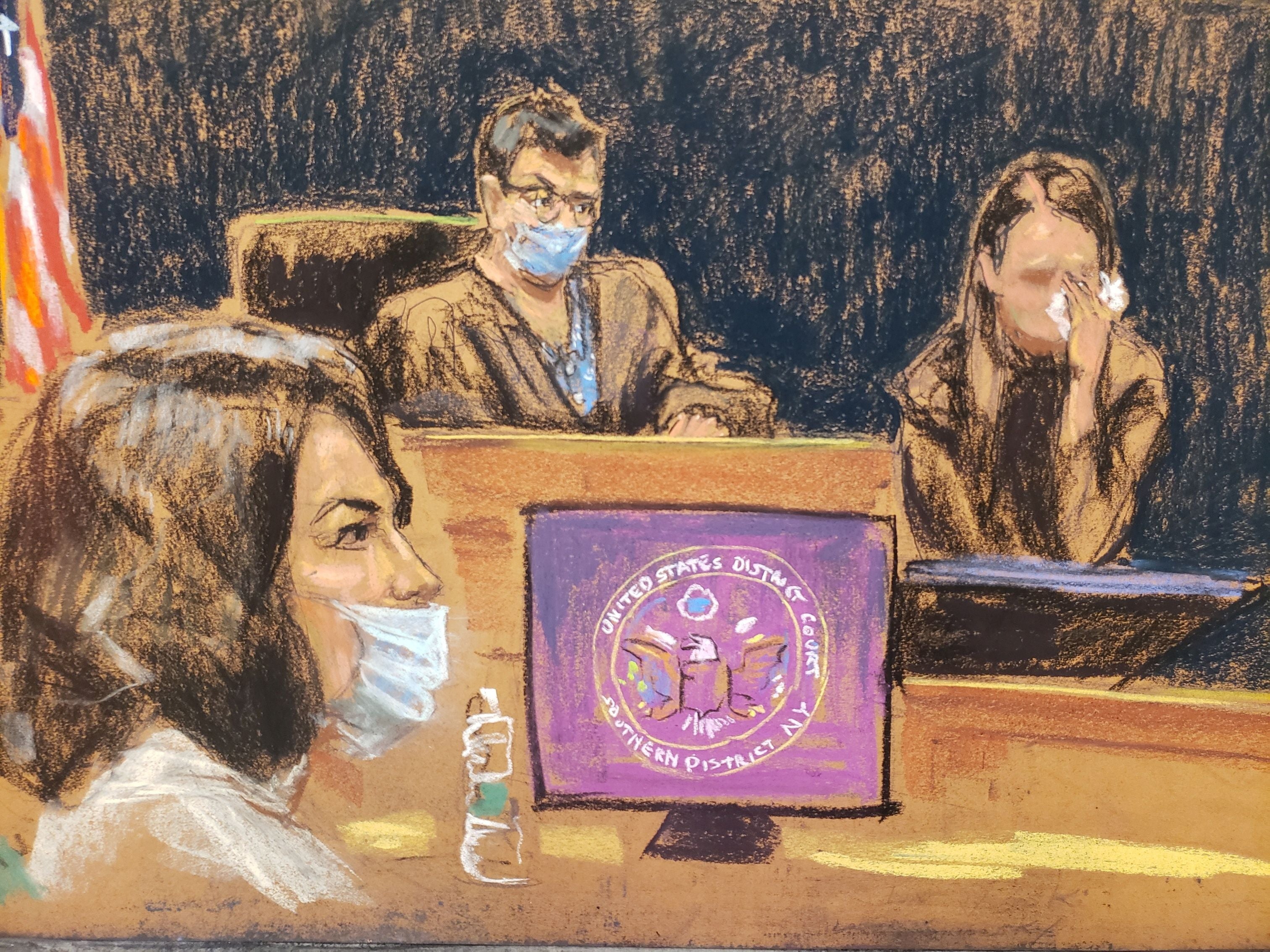 Witness "Jane" testifies during Ghislaine Maxwell's trial on charges of sex trafficking, in a courtroom sketch in New York City