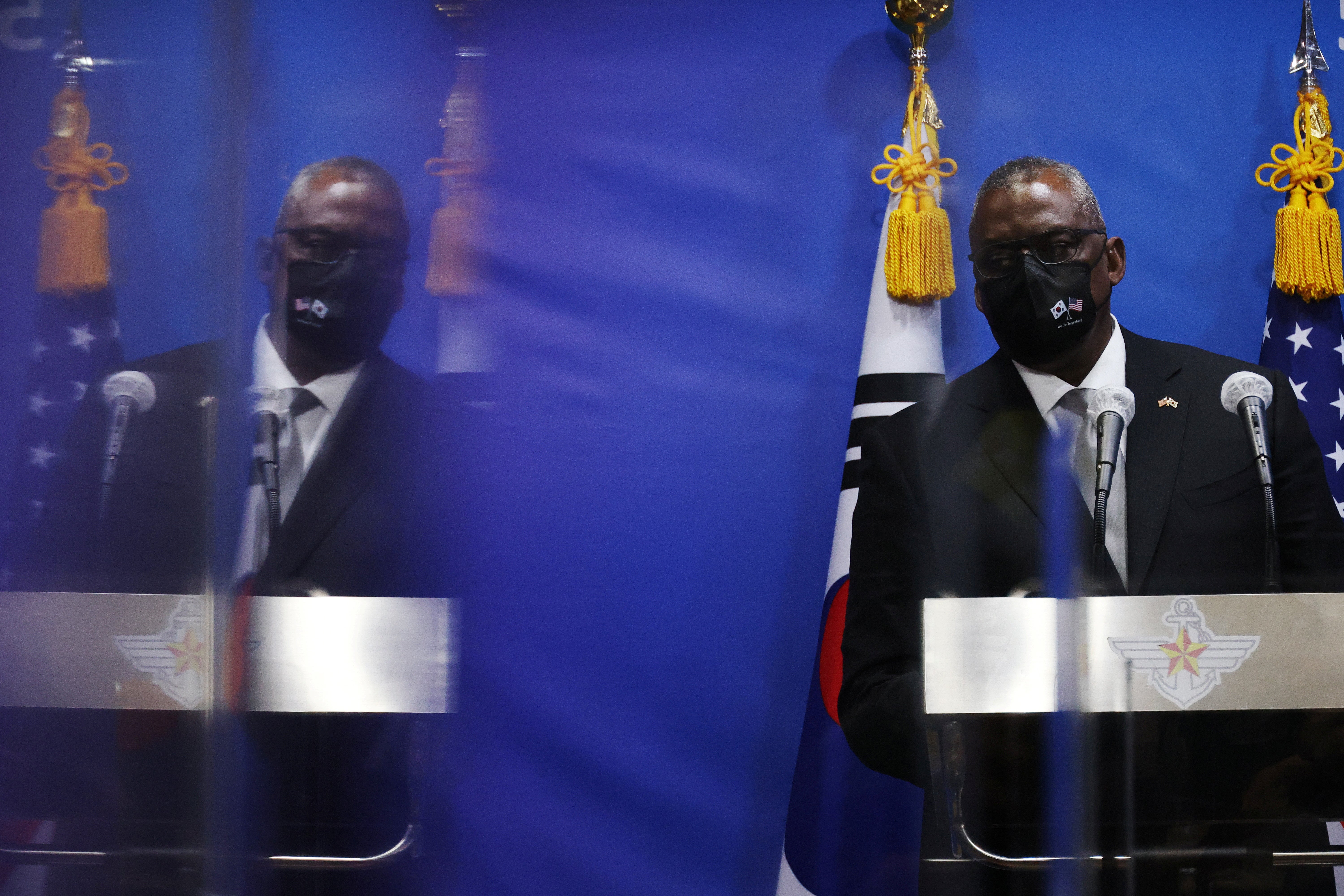 US defence secretary Lloyd Austin listens to a reporter during a news conference with South Korean defence minister Suh Wook