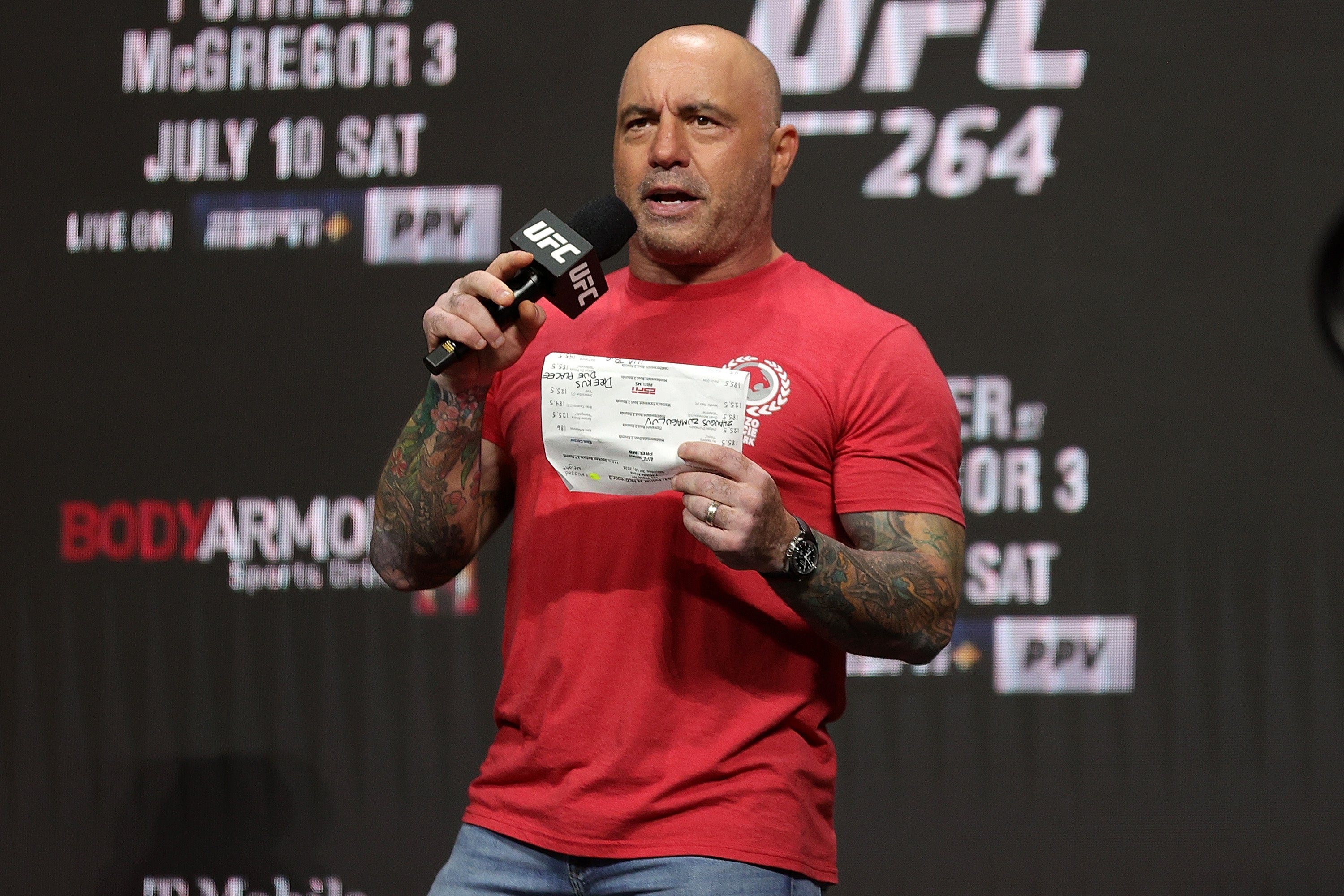 Joe Rogan serving as a ring announcer at a UFC bout in Las Vegas, Nevada, last summer