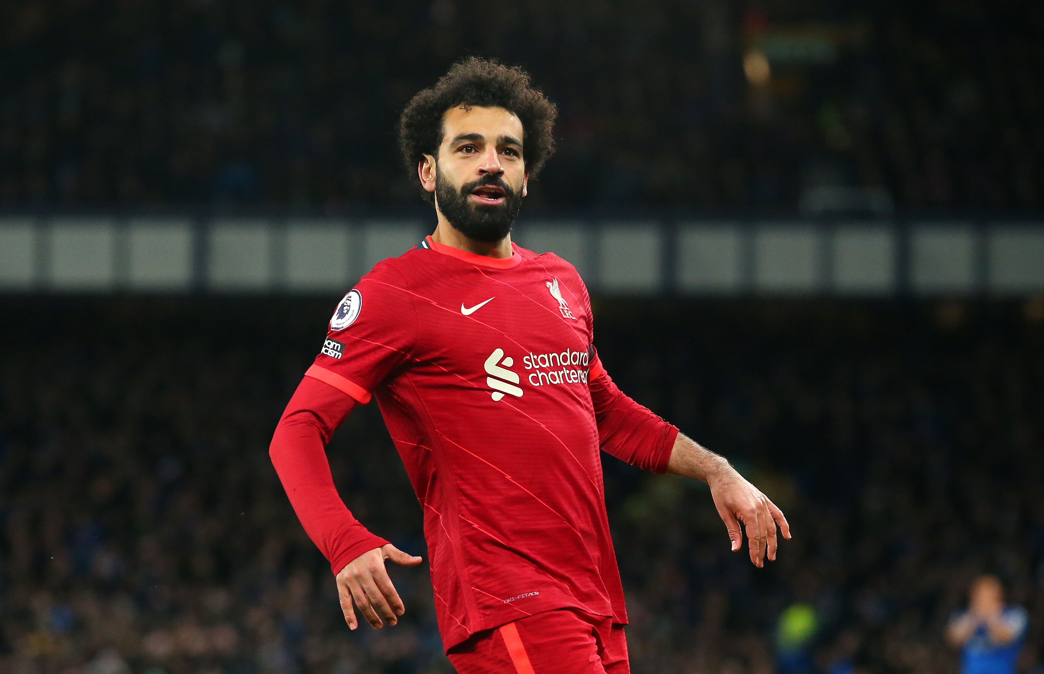 Mohamed Salah of Liverpool celebrates at Goodison Park