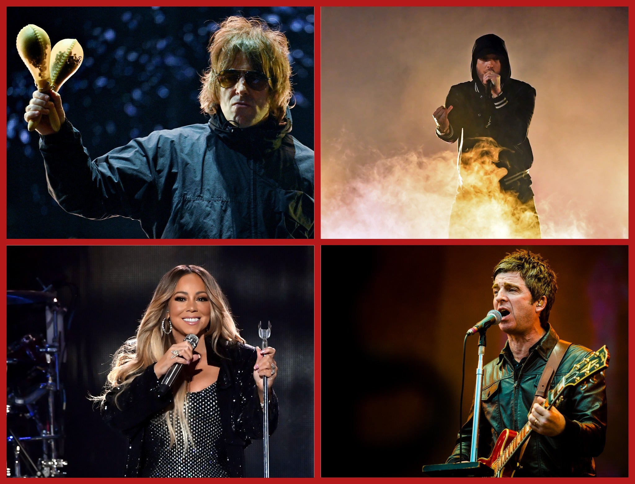 Top left clockwise: Liam Gallagher, Eminem, Noel Gallagher and Mariah Carey