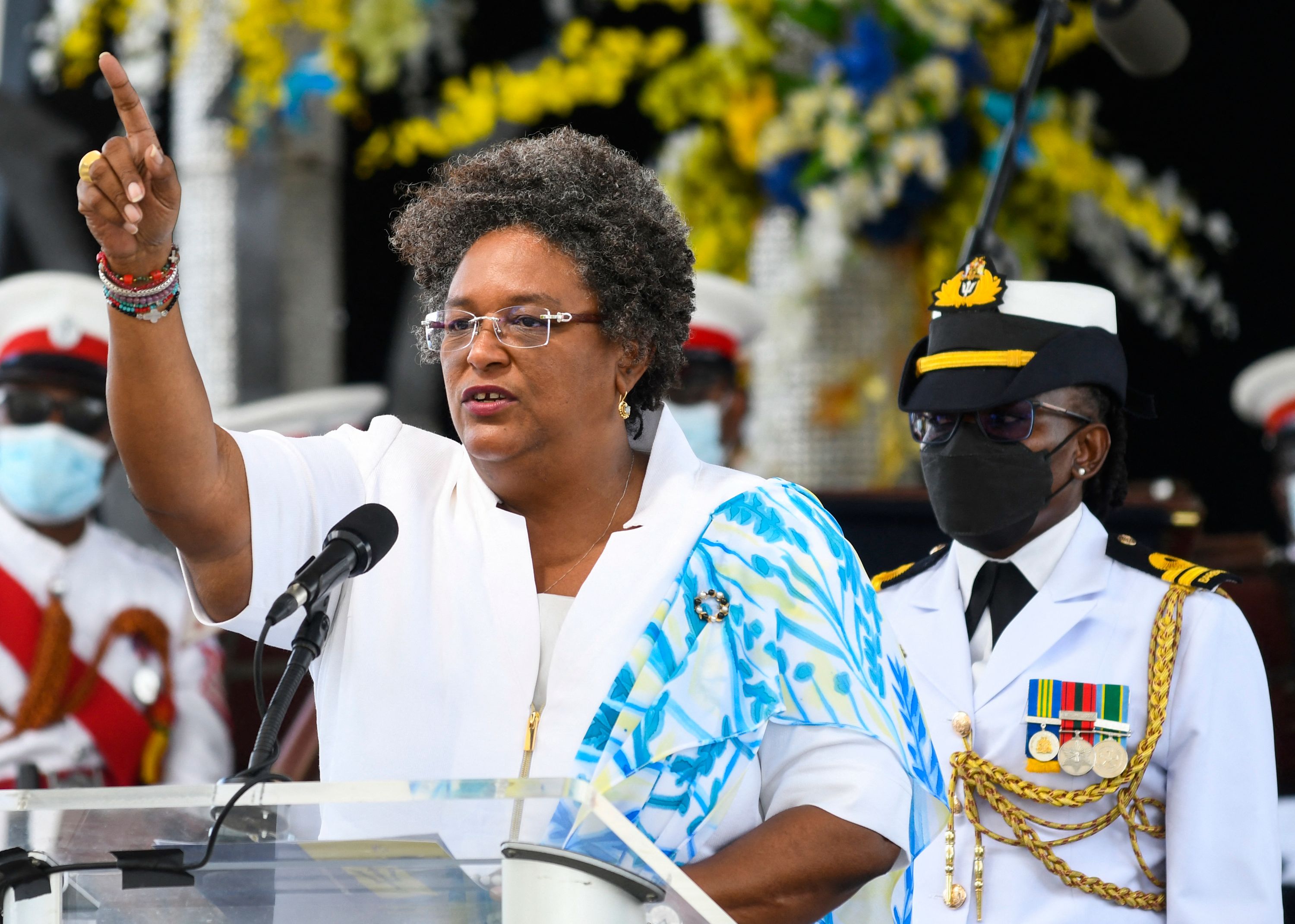 Mia Mottley speaks at Heroes Square in Bridgetown, Barbados