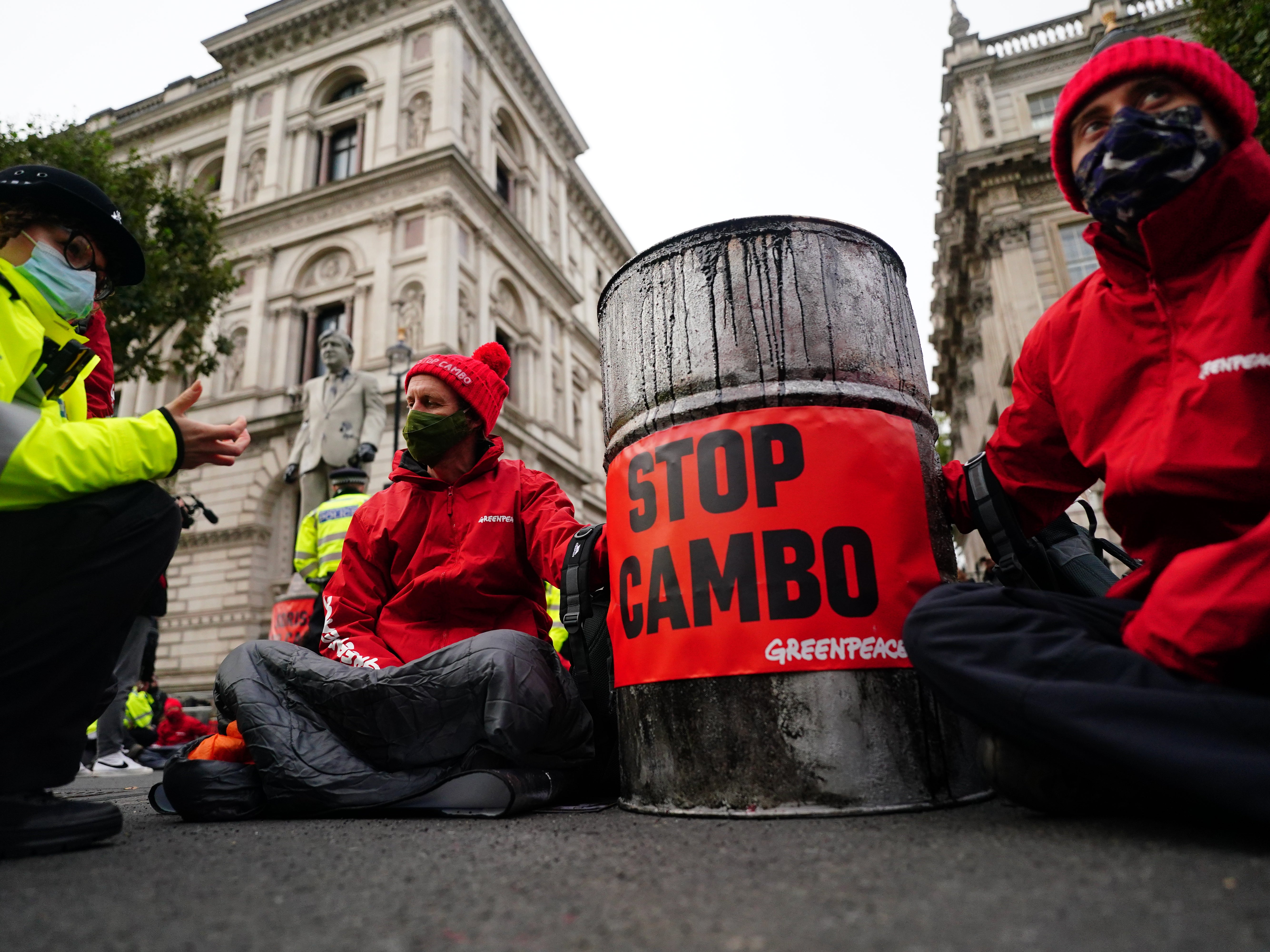 Campaigners from Greenpeace opposed to Cambo oilfield project outside Downing Street