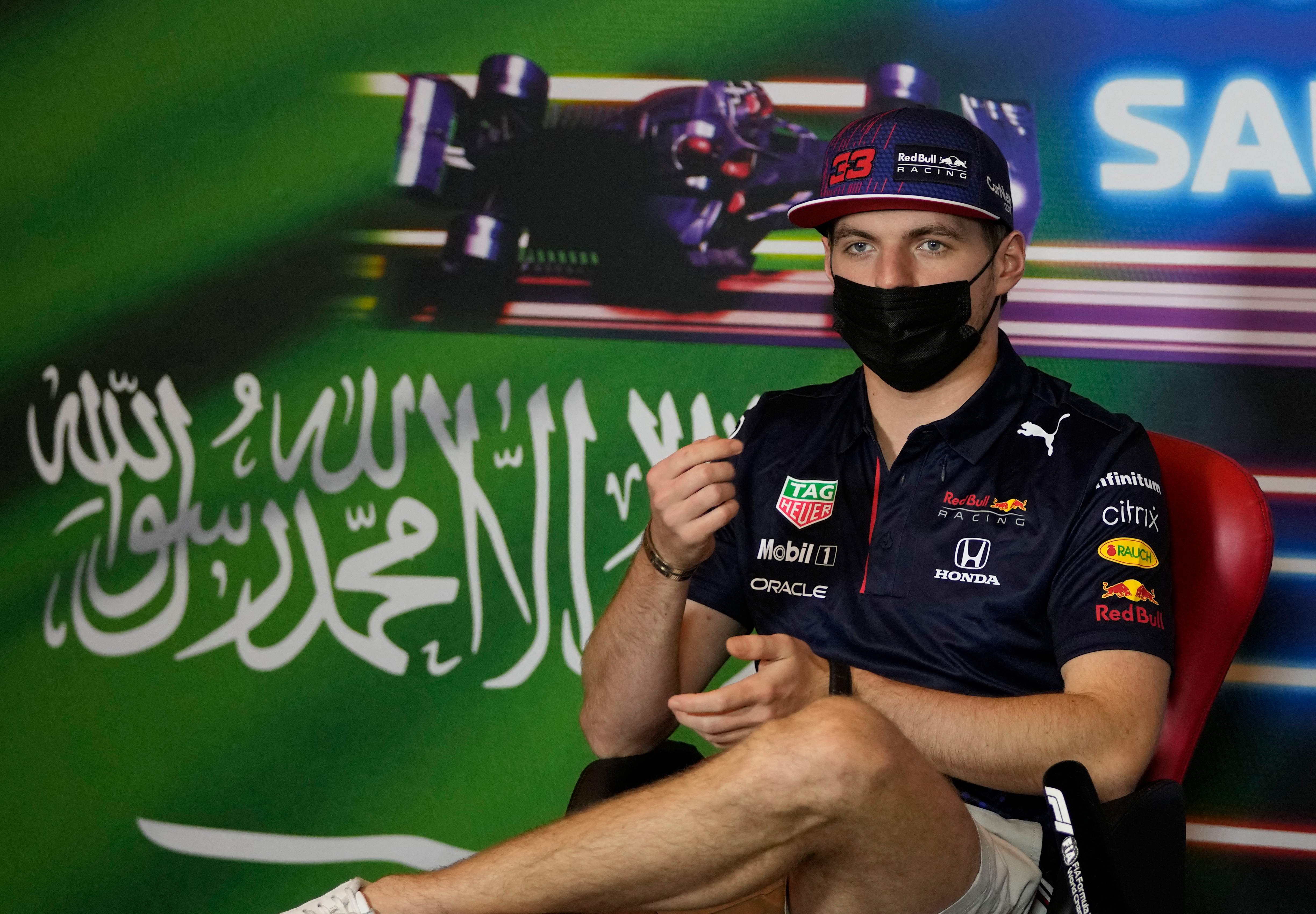 Red Bull’s Dutch driver Max Verstappen gestures during press conference ahead of the Saudi Arabian Grand Prix